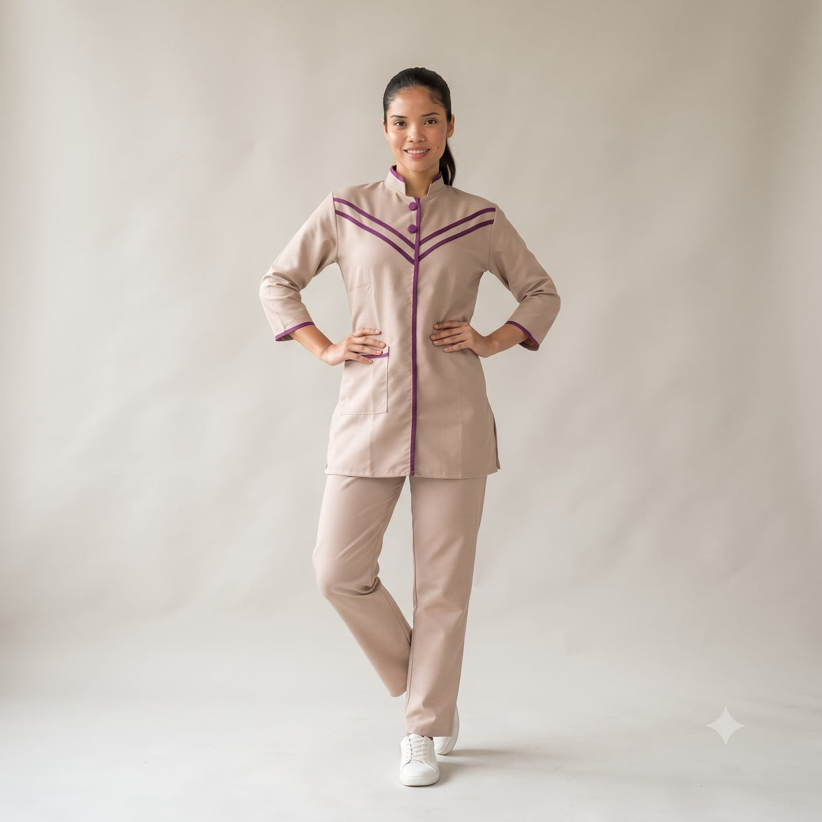 Plum Accent Maid Uniform Set – Beige