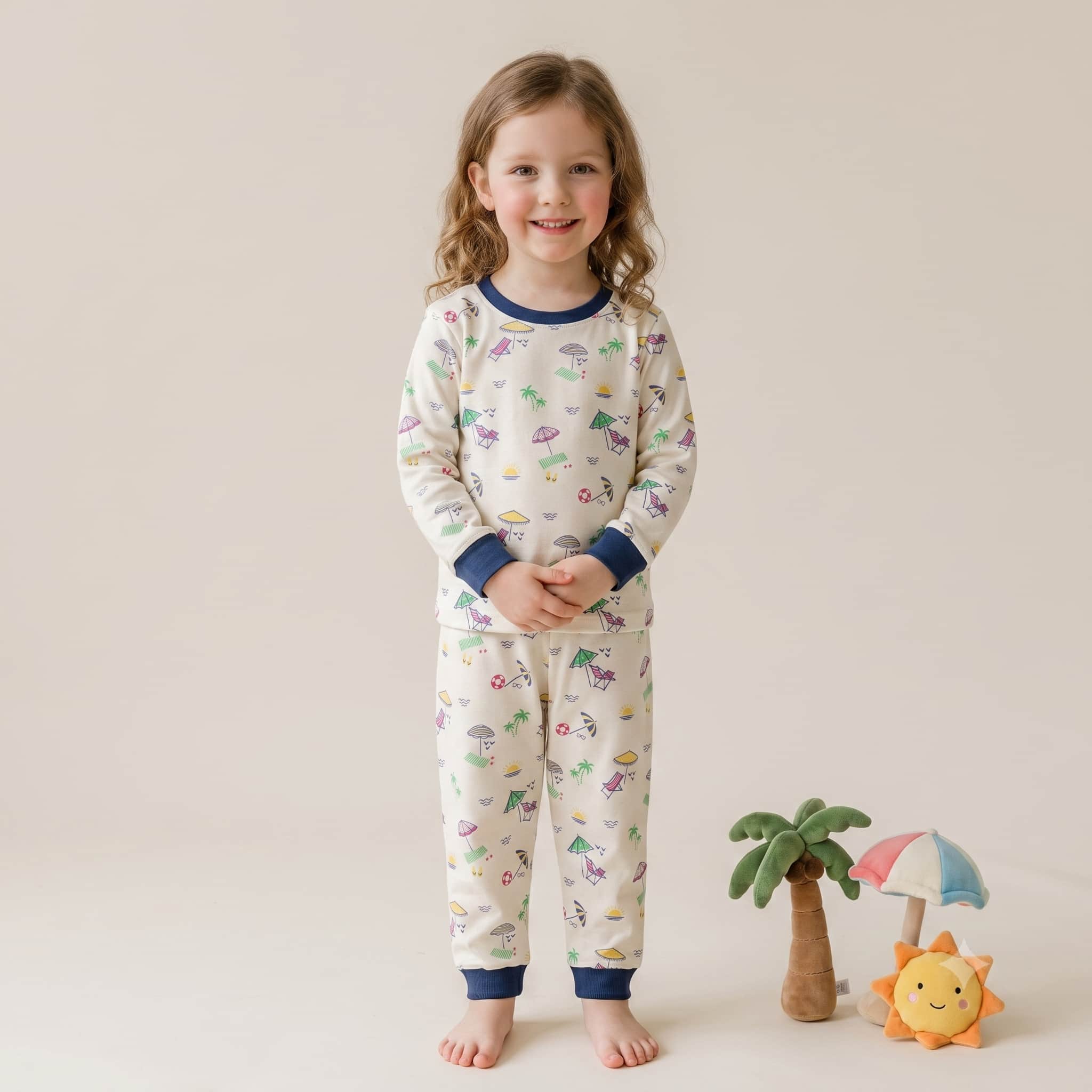 Seaside Dreams Girls Full Sleeves Pajama Set - Navy Blue