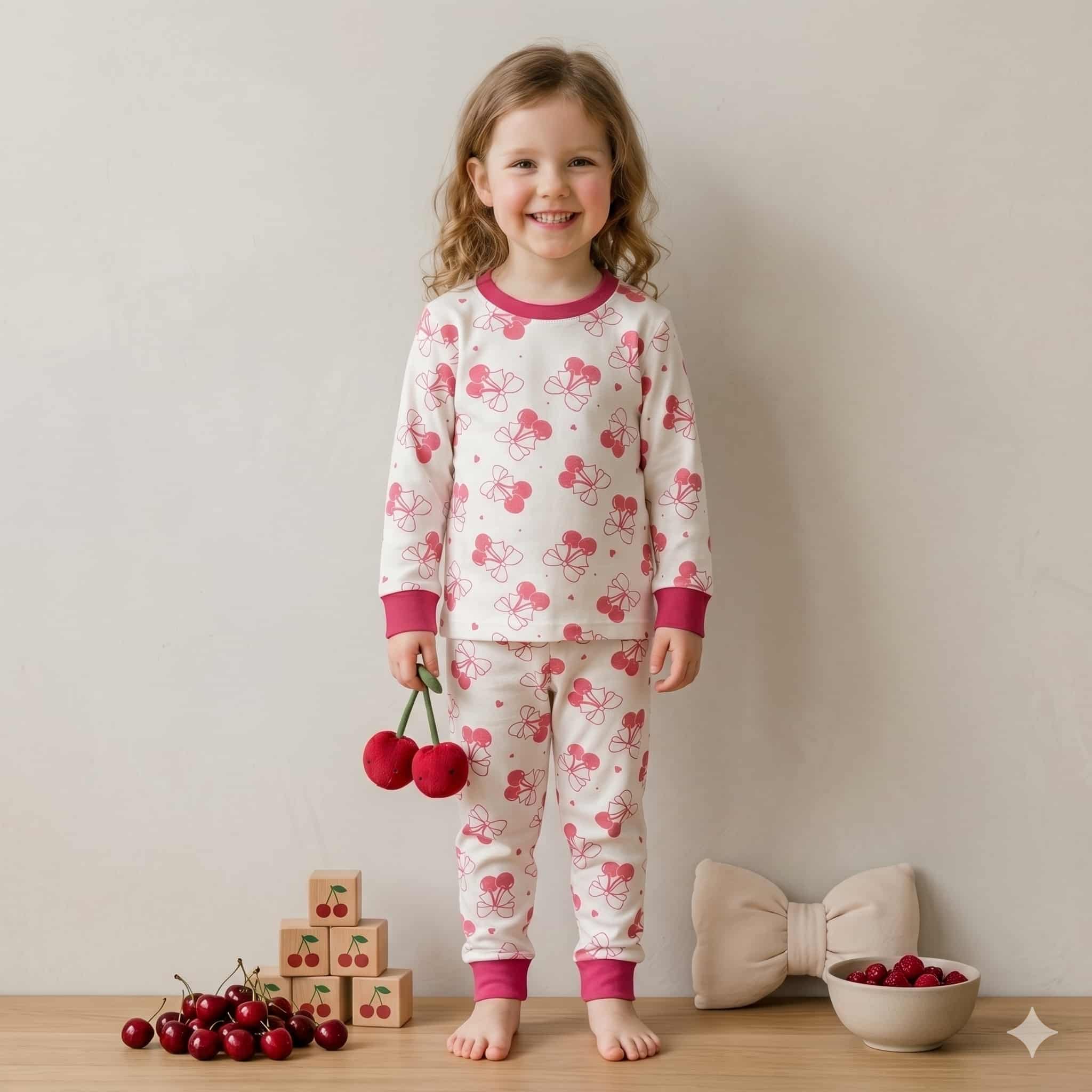 Cherry Bloom Girls Full Sleeves Pajama Set - Cream