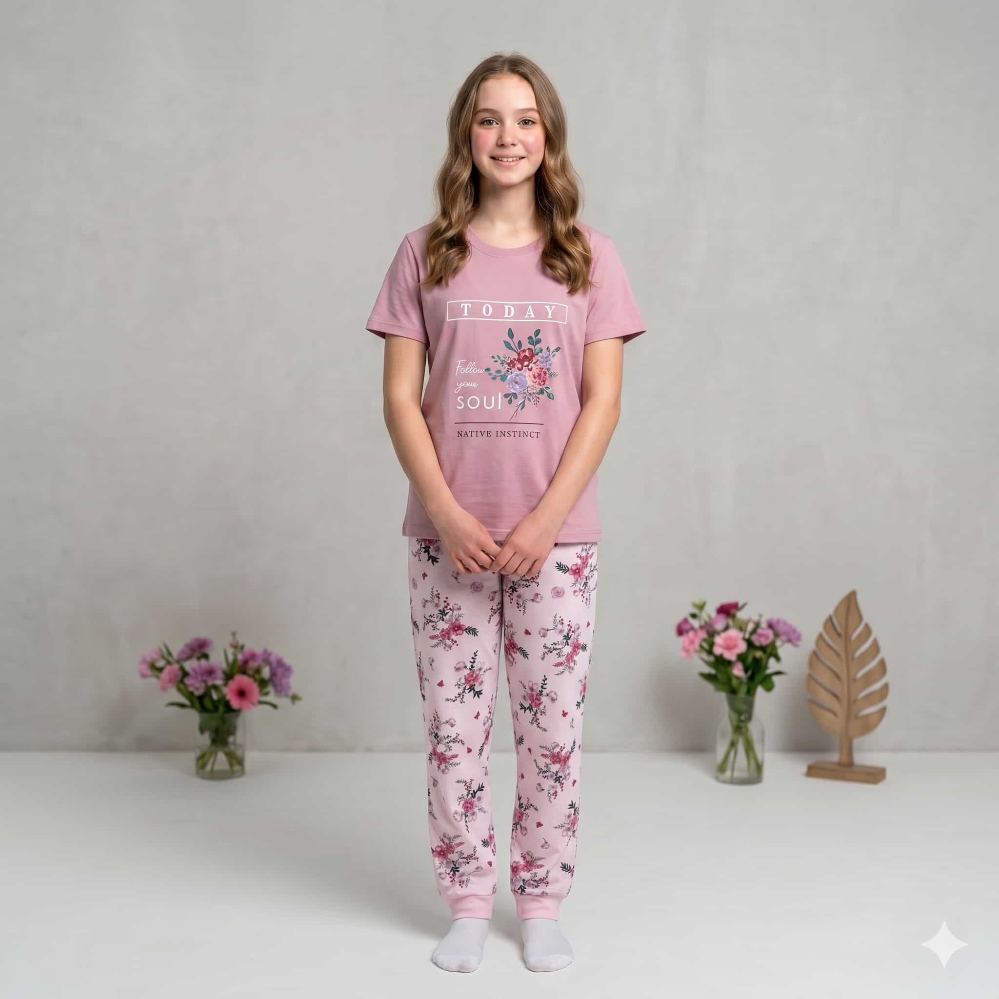 Floral Soul Girls Half Sleeves Pajama set - Pink