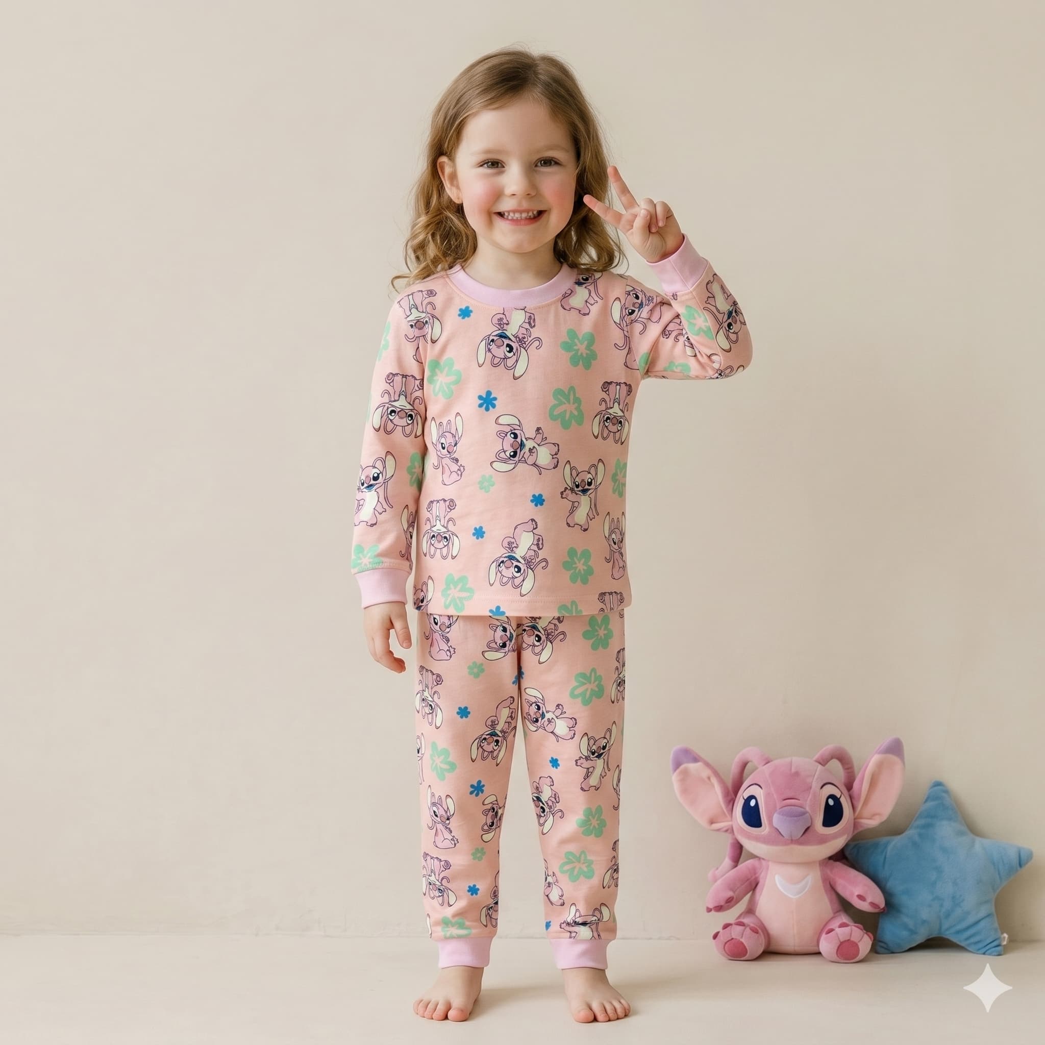 Stitch Girls Full Sleeves Pajama Set – Peach