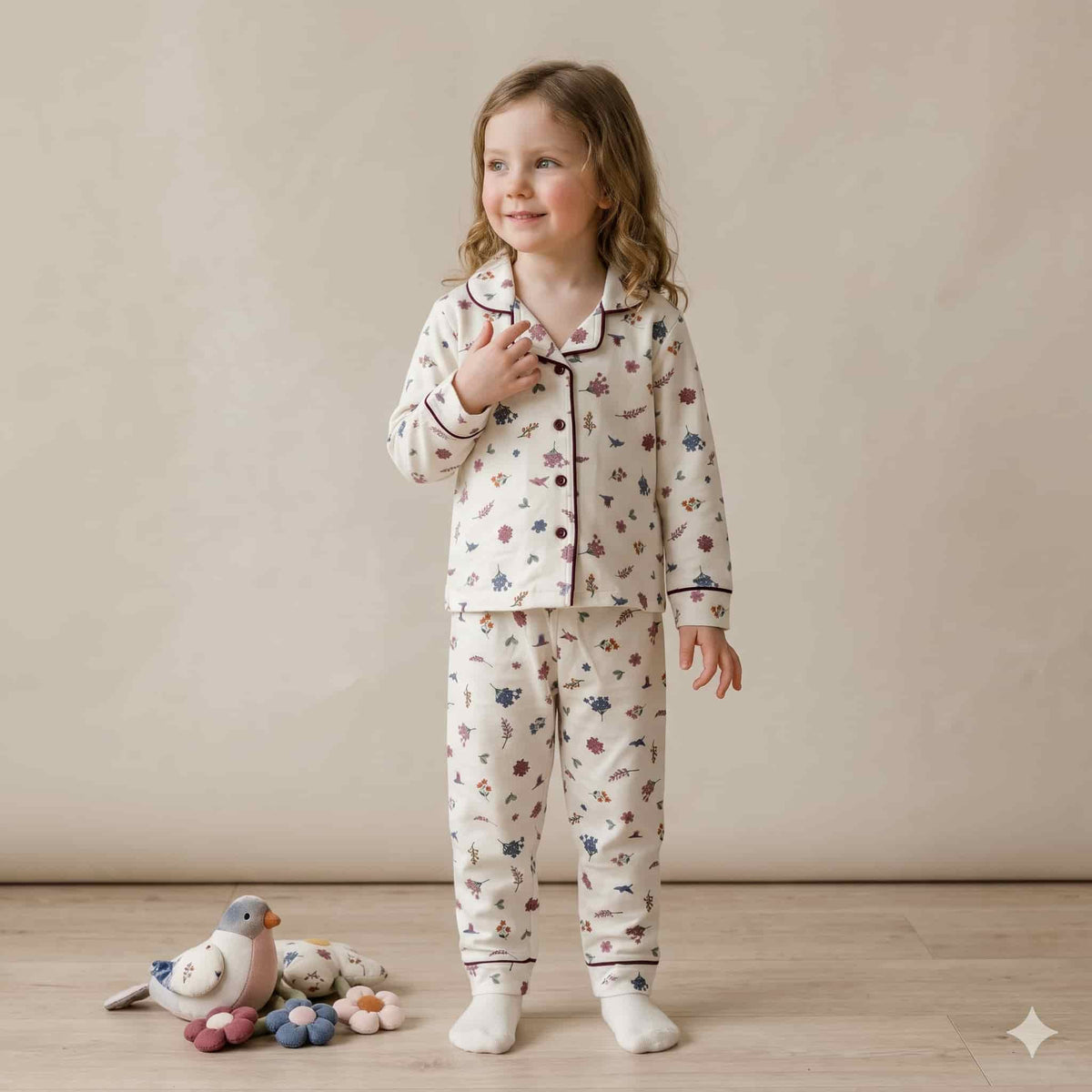 Floral Bliss Girls Full Sleeves Pajama Set - Cream & Multicolor