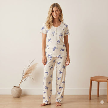 Ribbon Reverie Women Half Sleeves Pajama Set - Cream