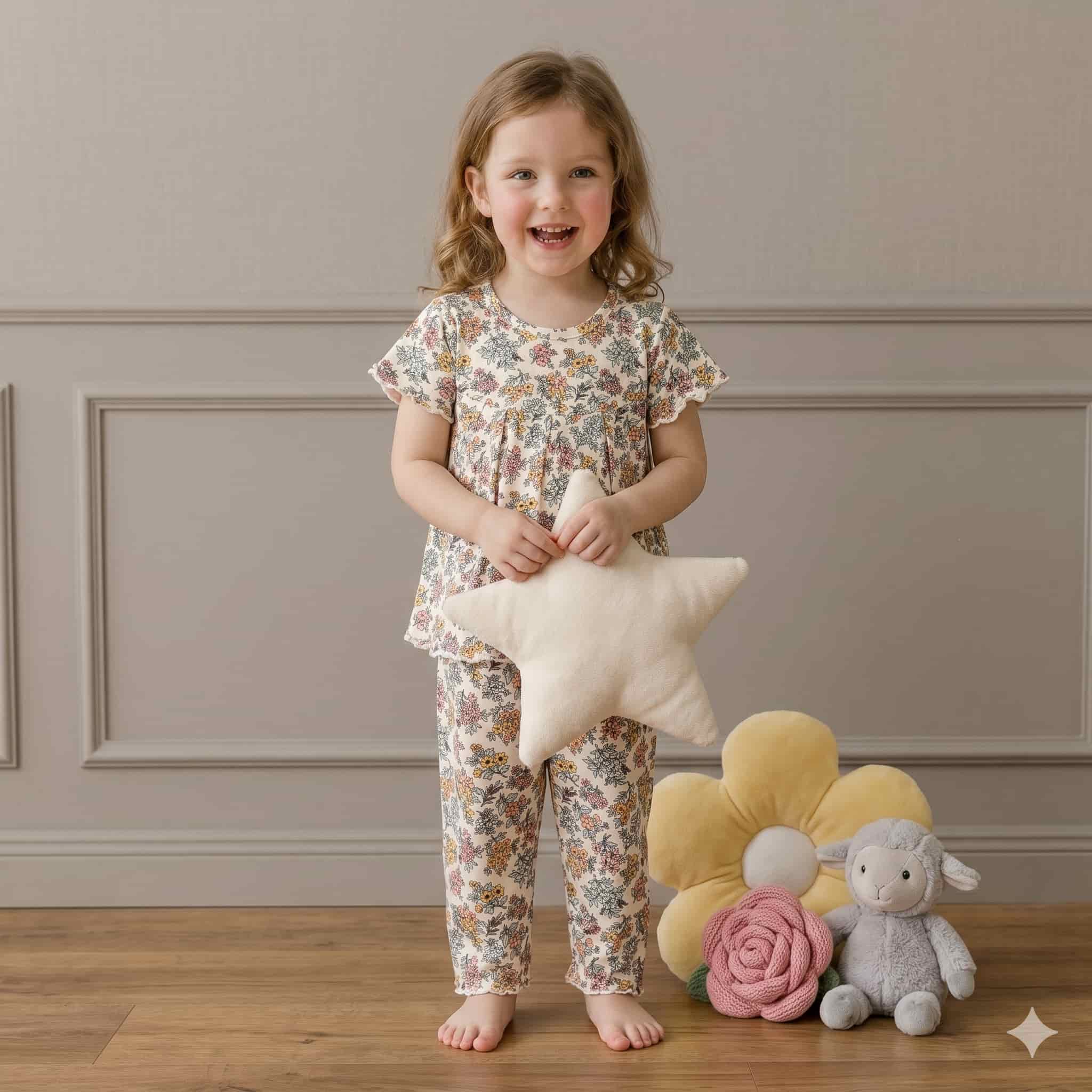 Vintage Blossom Girls Half Sleeves Pajama Set – Cream