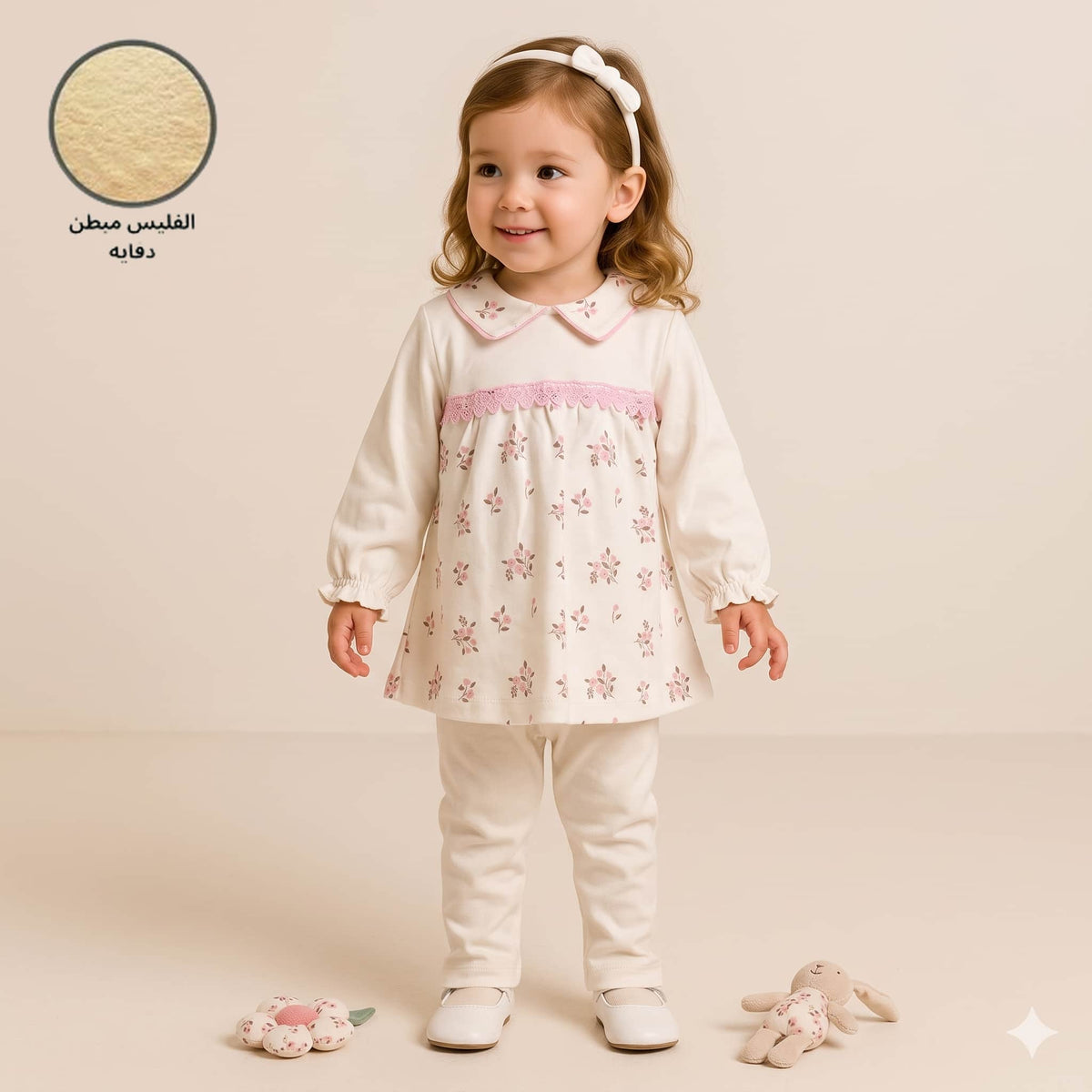 Blossom Bliss Baby Girls Winter Full Sleeves Pajama Set – Cream & Pink