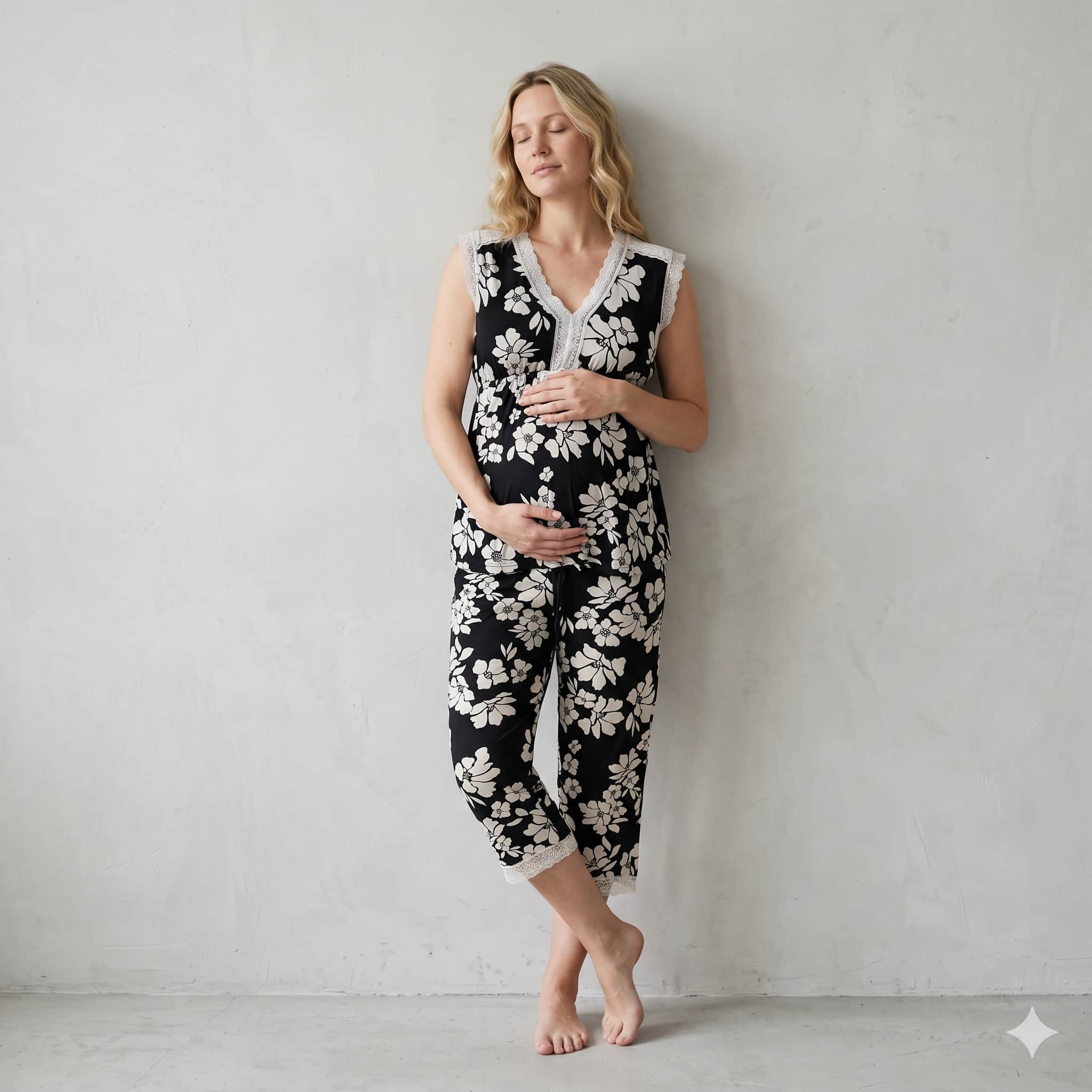Monochrome Bloom Women Sleeveless Pajama Set - Black