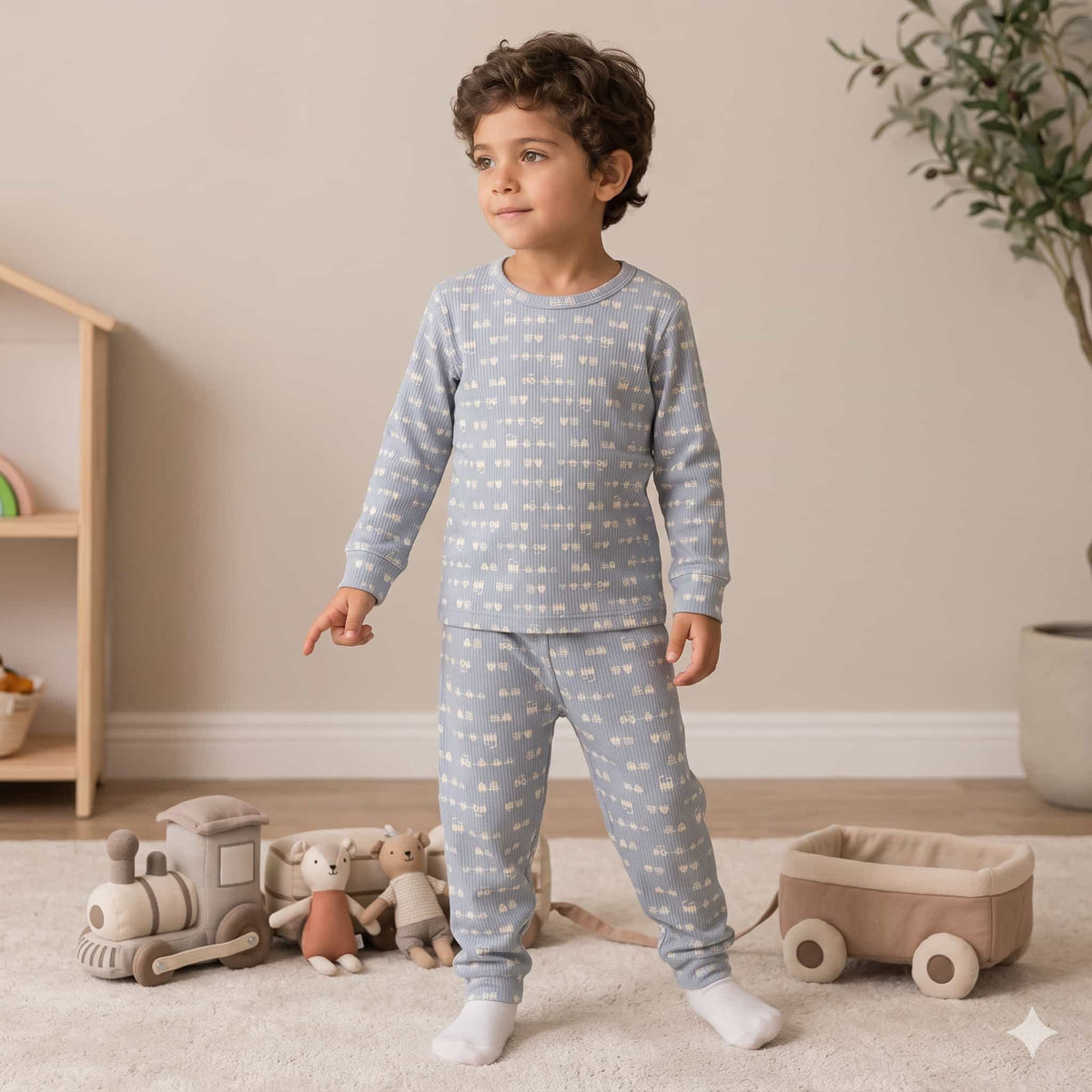 Tiny Tracks Boys Full Sleeves Pajama Set – Dusty Blue