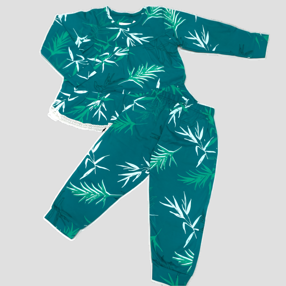 Pine Girls Full Sleeves laced pajama set - Green