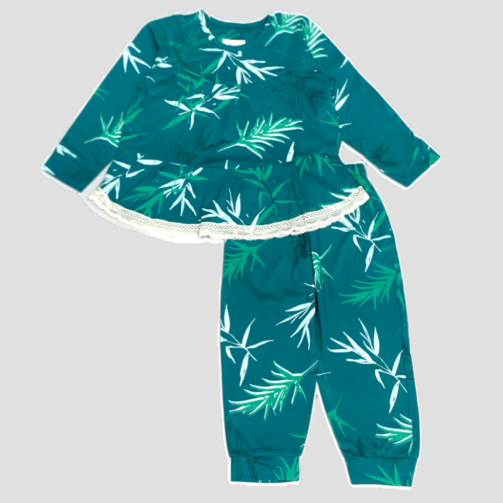 Pine Girls Full Sleeves laced pajama set - Green