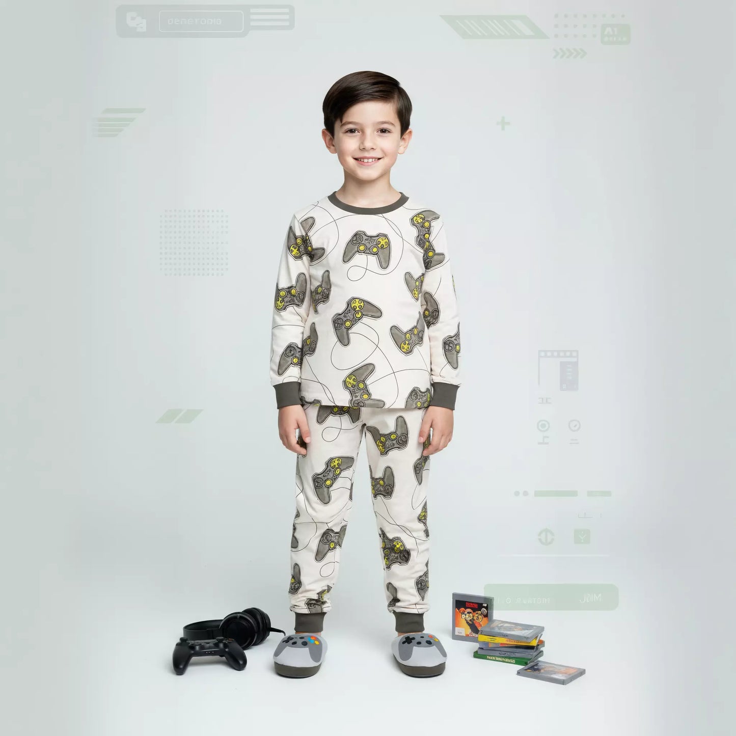 Gaming Console Boy Pajama Set- Beige