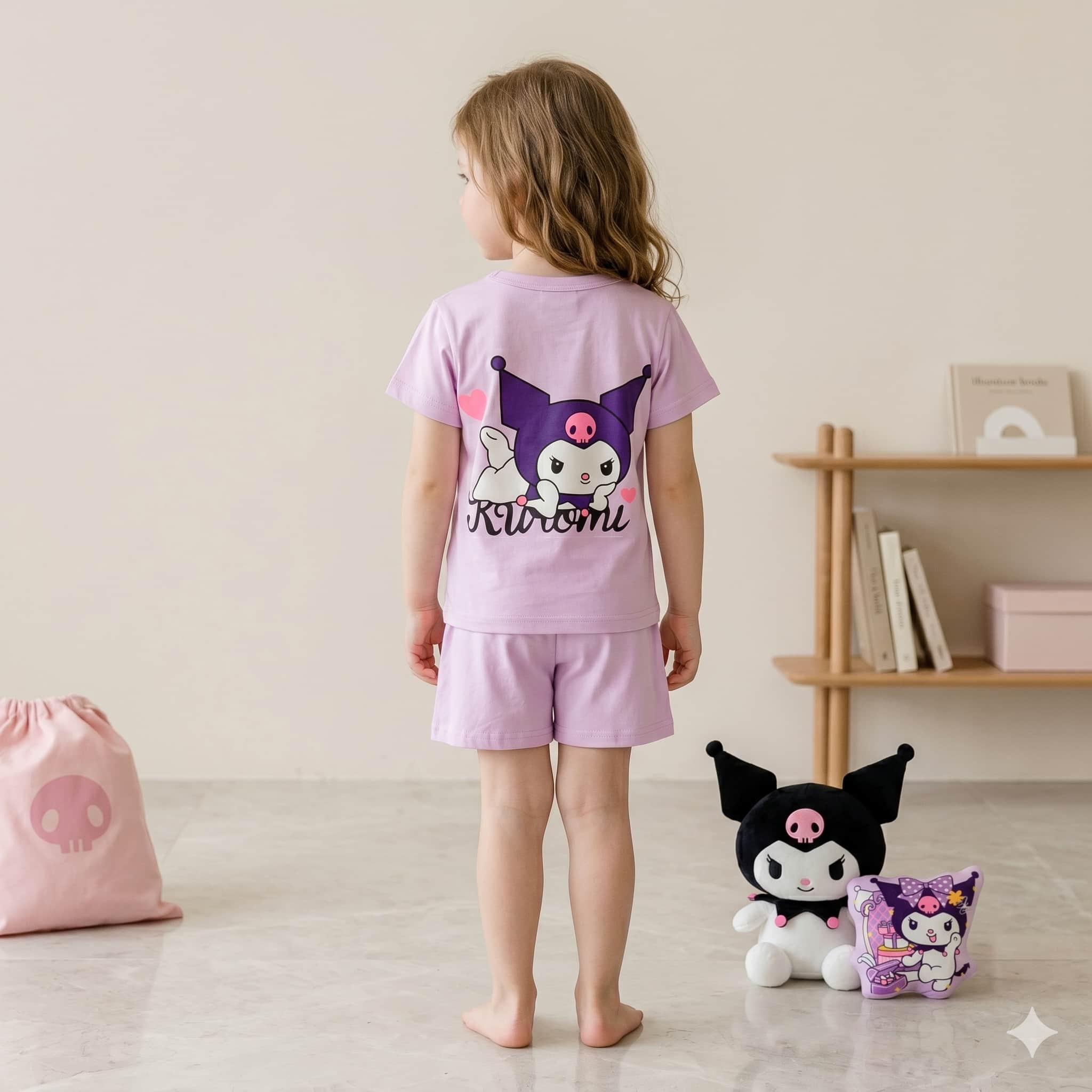 Kuromi Charm Girls Half Sleeves Short Set - Lavender