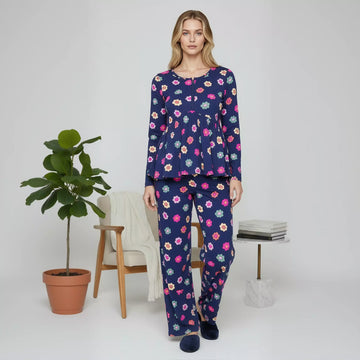 Multi Flower Zip Neck Women Pajama Set- Navy Blue