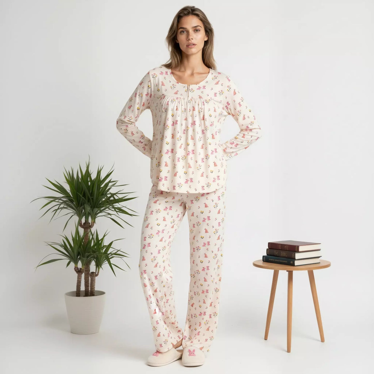 Cute Rabbit Zip Neck Women Pajama Set- Yellow