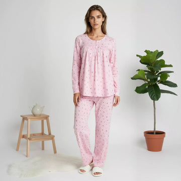 Small Flower Zip Neck Women Pajama Set- Pink