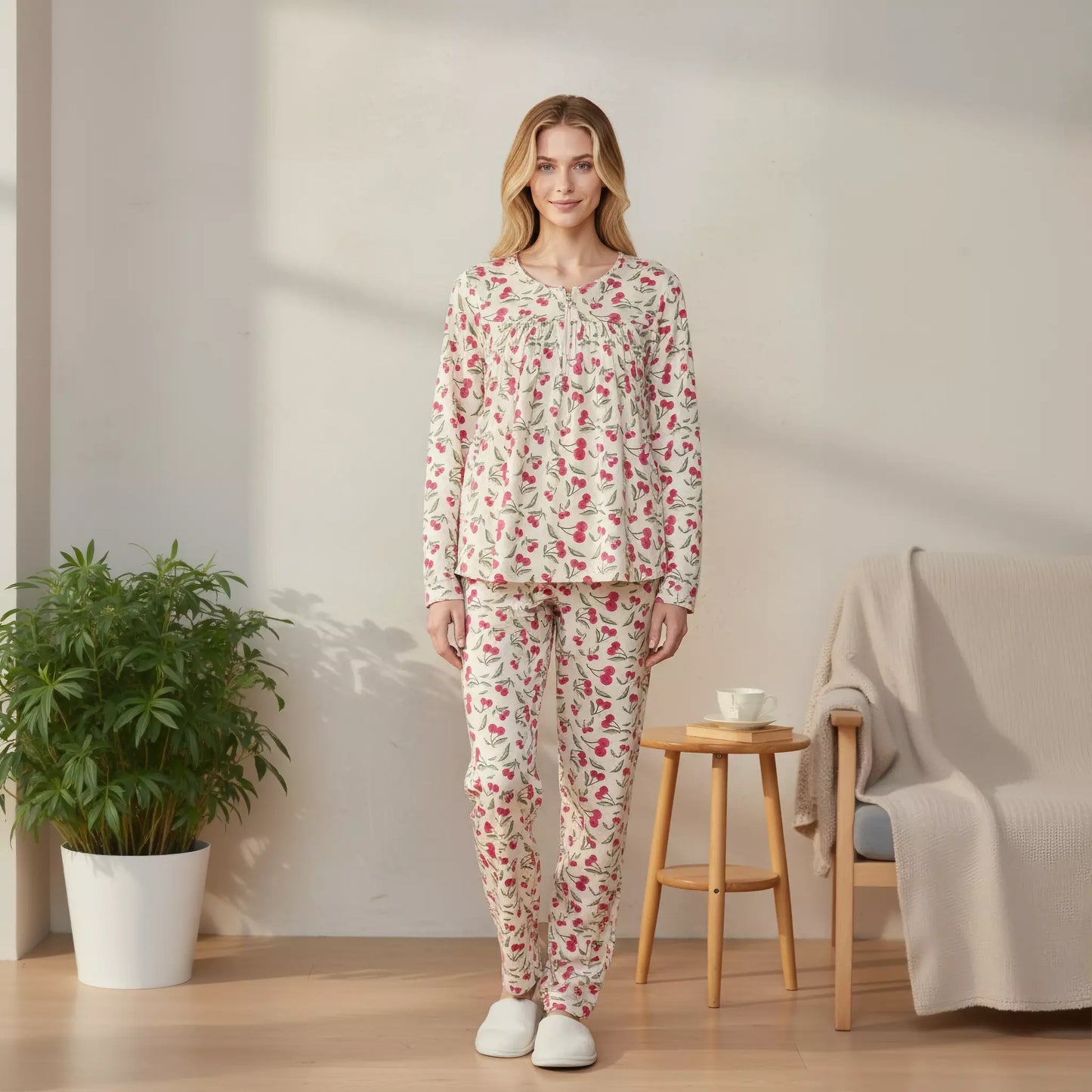 Cherry Zip Neck Women Pajama Set- Light Yellow