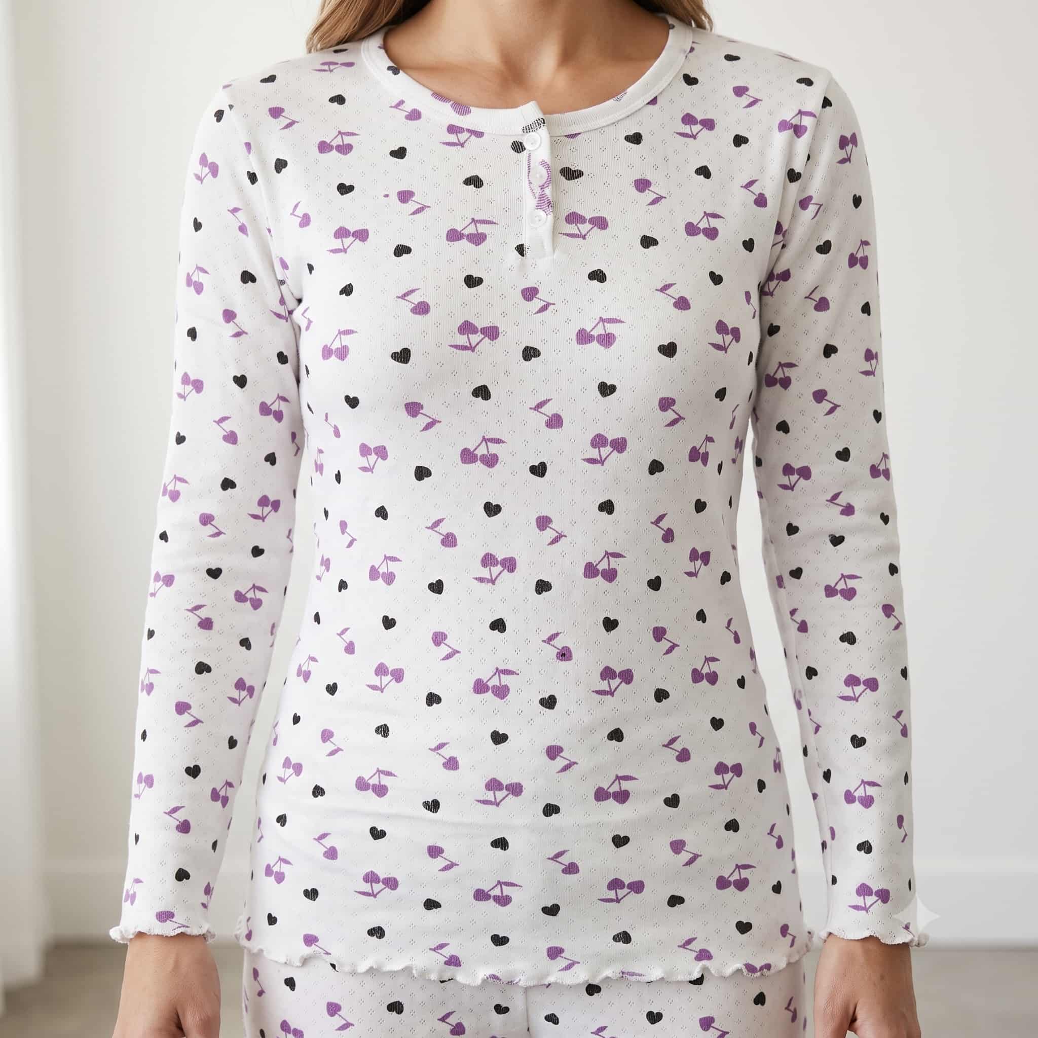 Cherry Charm Women Full Sleeves Pajama Set - White