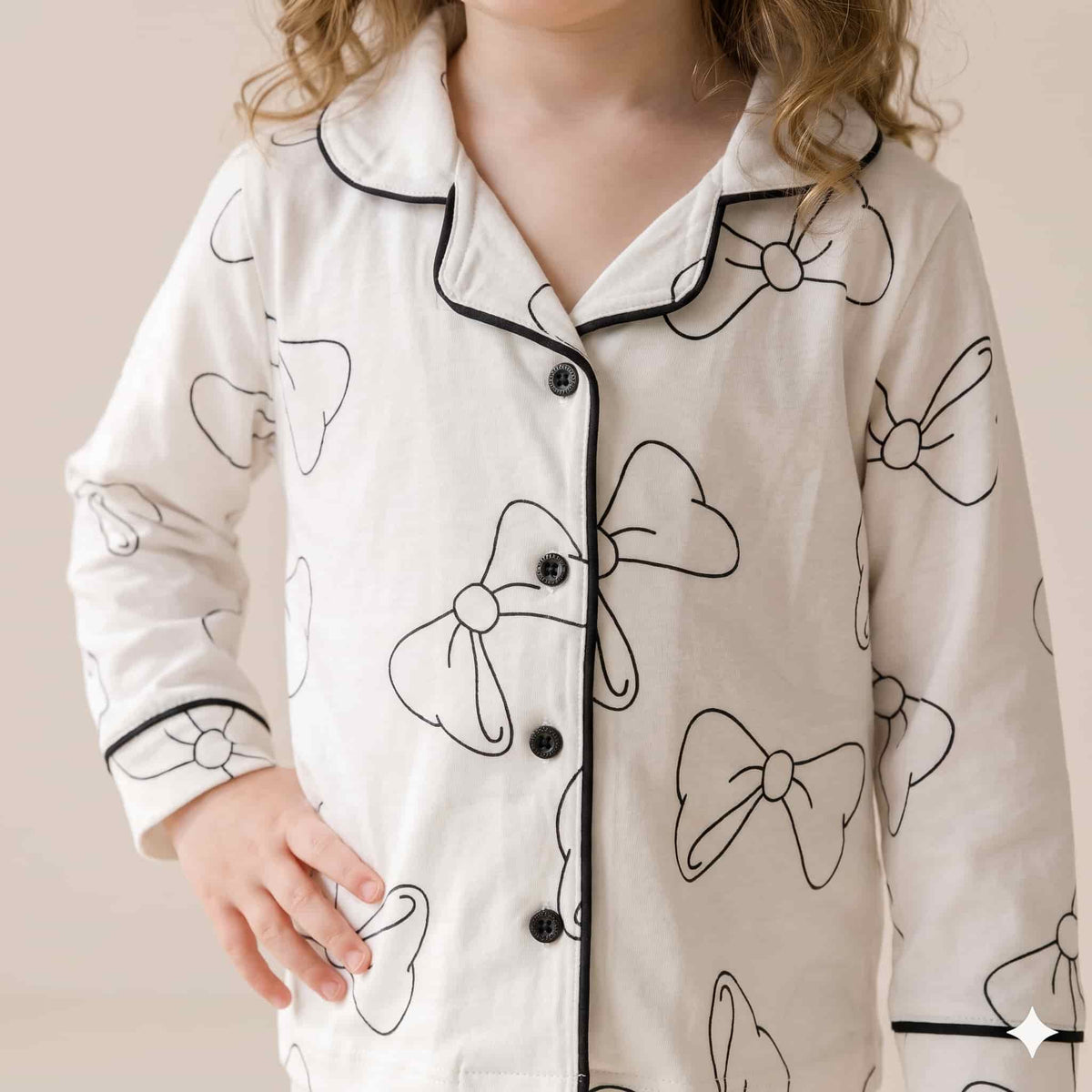 Bow Charm Girls Full Sleeves Pajama Set - White & Black