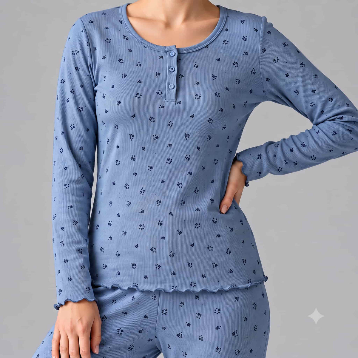 Blue Blossom Women Full Sleeves Pajama Set – Powder Blue