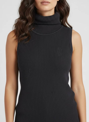 Turtle Neck Women Sleeveless Sweater-Black