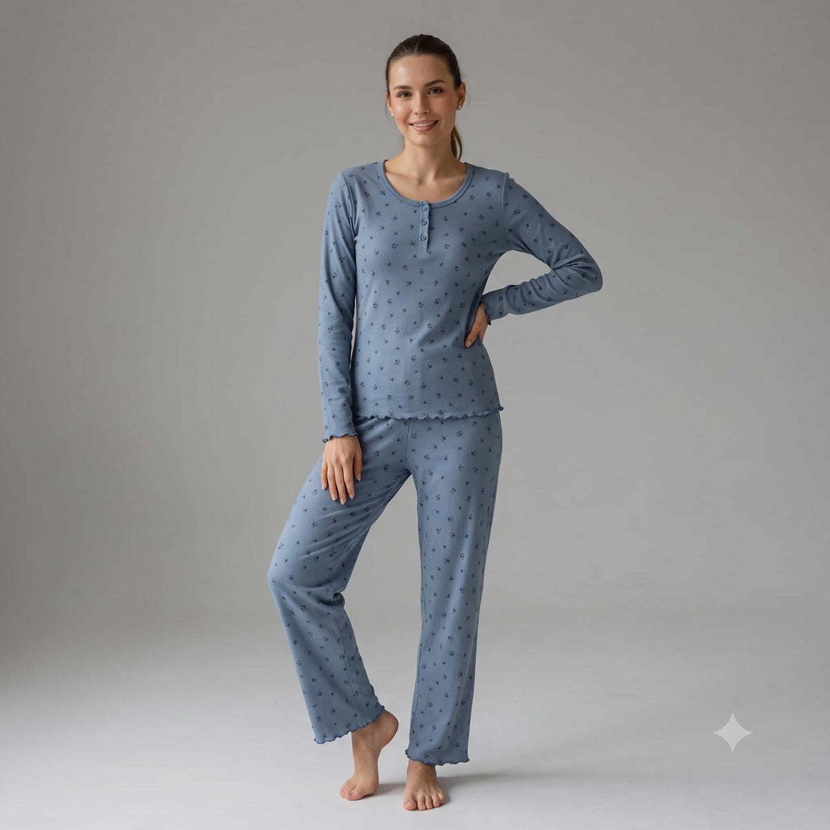 Blue Blossom Women Full Sleeves Pajama Set – Powder Blue