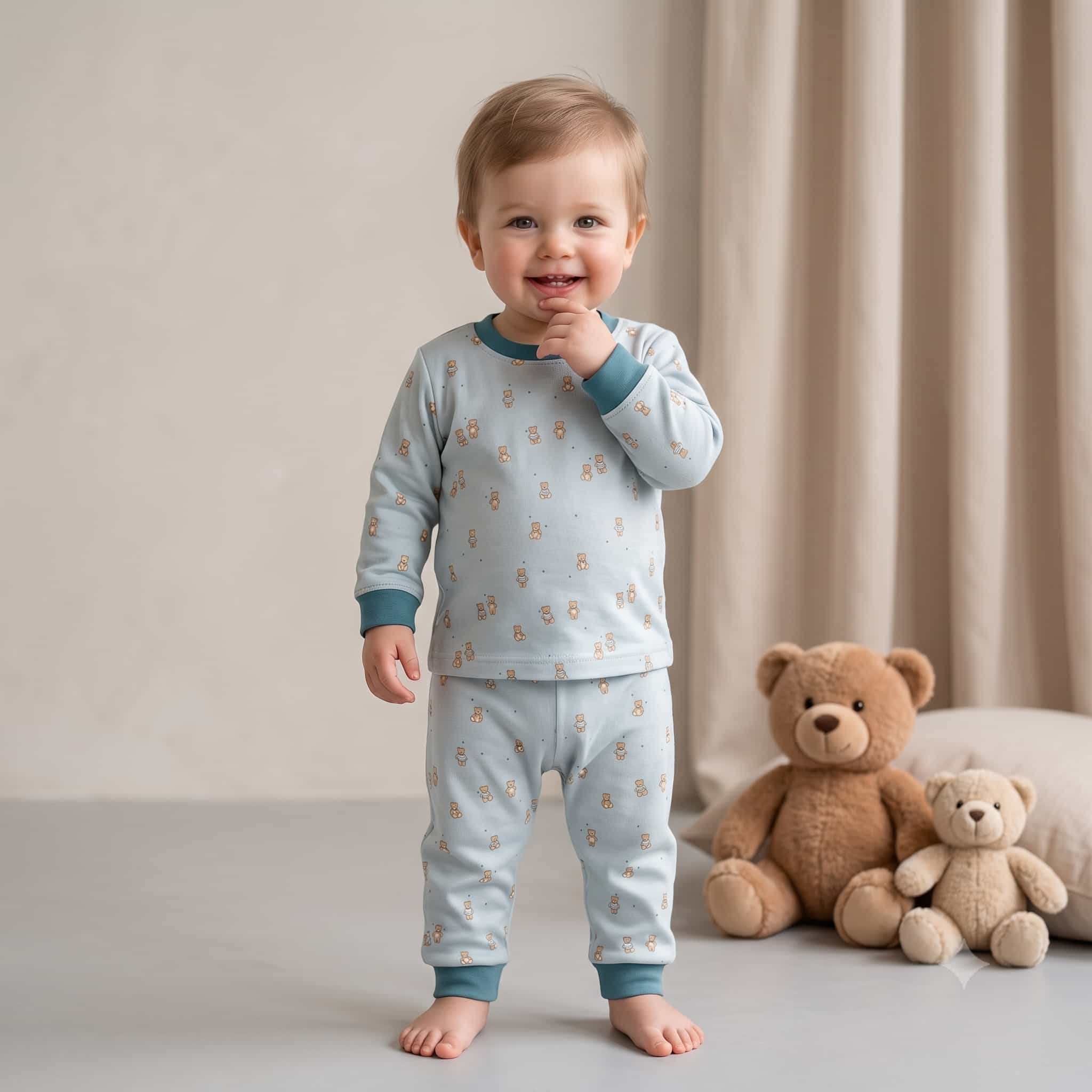 Teddy Bear Baby Boys Full Sleeves Pajama Set – Light Blue