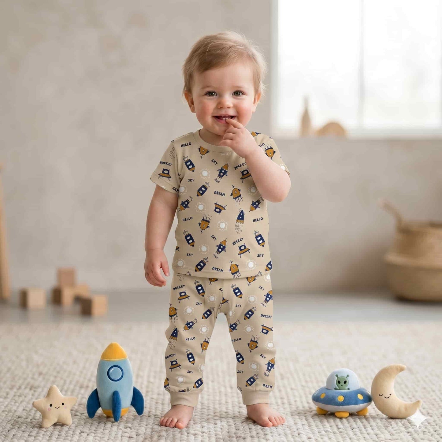 Cosmic Explorer Baby Boys Half Sleeves Set - Beige