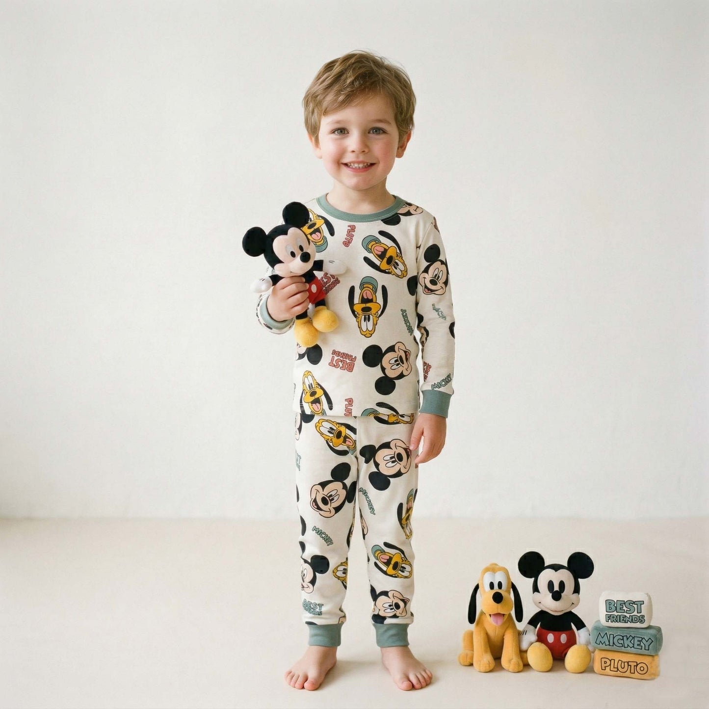 Mickey & Pluto Boys Full Sleeves Pajama Set - White