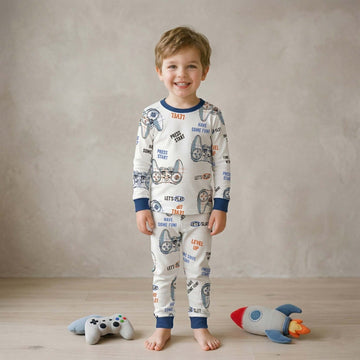 Game Set Start Boys Full Sleeves Pajama Set - White