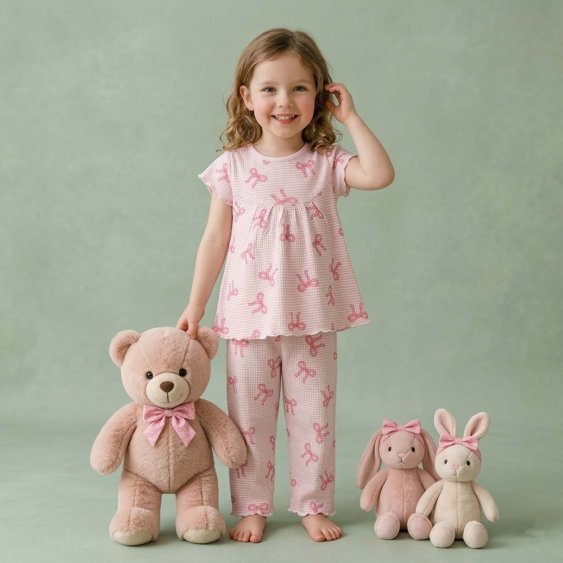 Gingham Bow Girls Short Sleeves Pajama Set - Pink