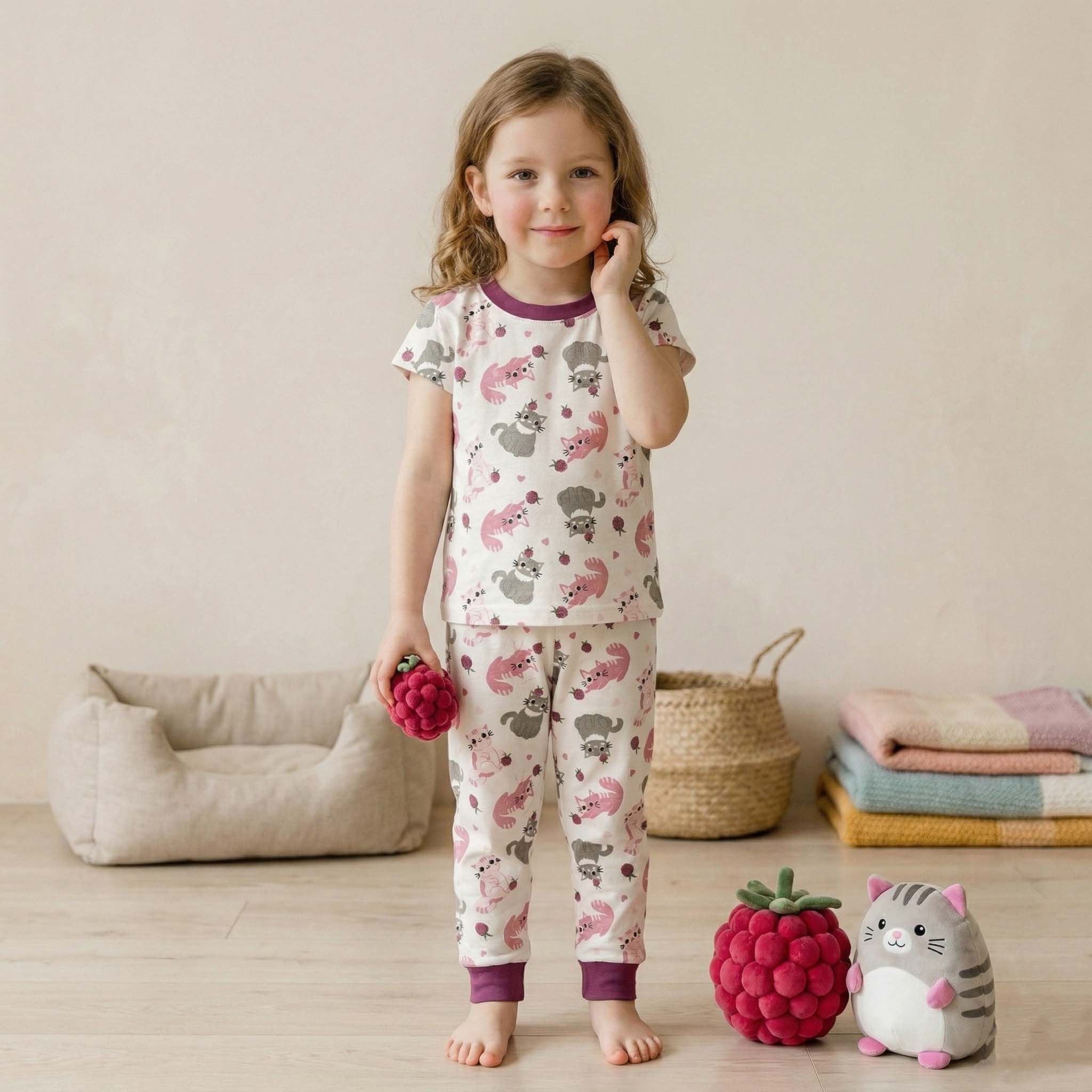 Cute Cat Girls Short Sleeves Pajama Set - Cream & Purple