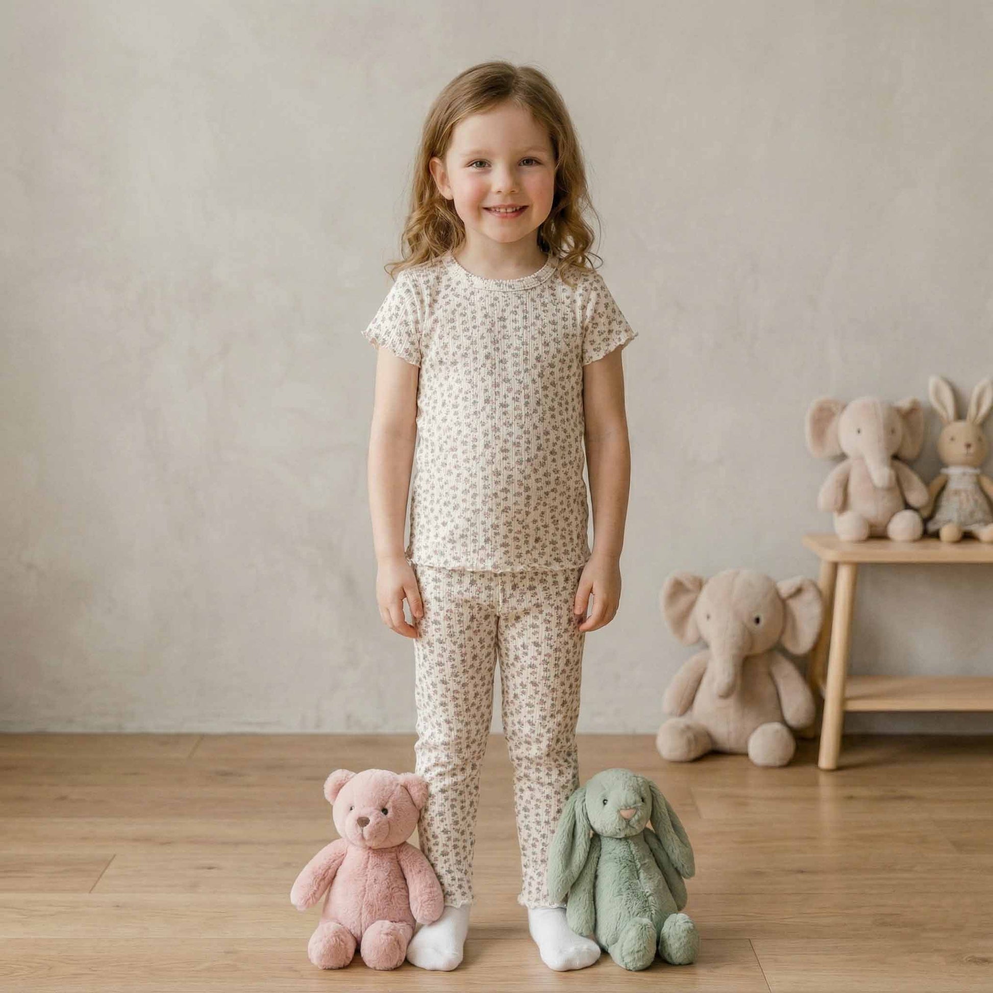 Meadow Blossom Girls' Short Sleeves Pajama Set - Cream & Pink


