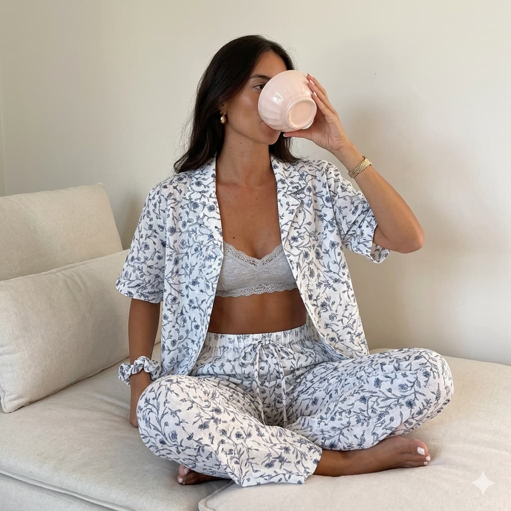 Blue Meadow Women Half Sleeves Pajama Set – White Blue