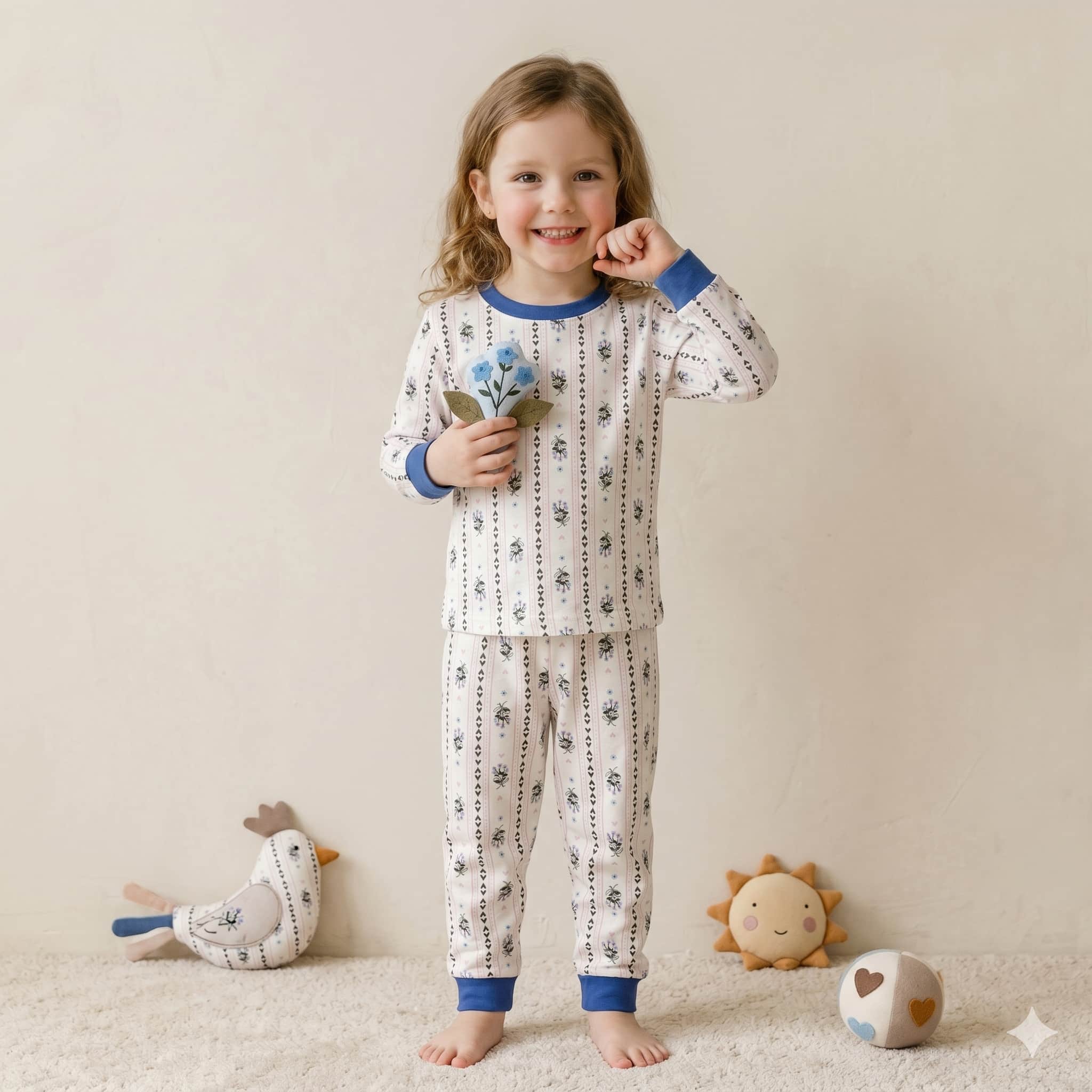 Floral Lines Girls Full Sleeves Pajama Set - Cream