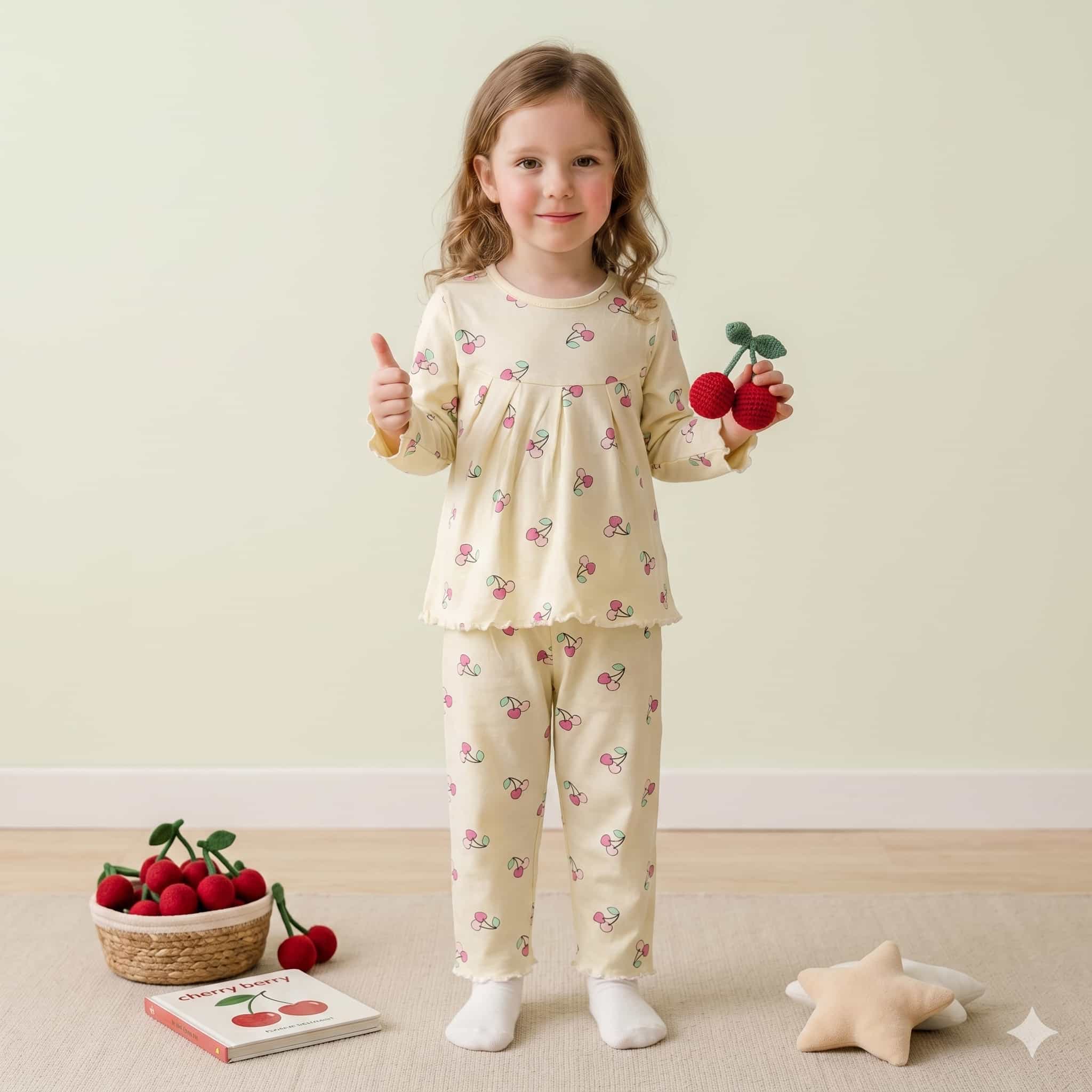 Cherry Sweets Girls Full Sleeves Pajama Set - Yellow