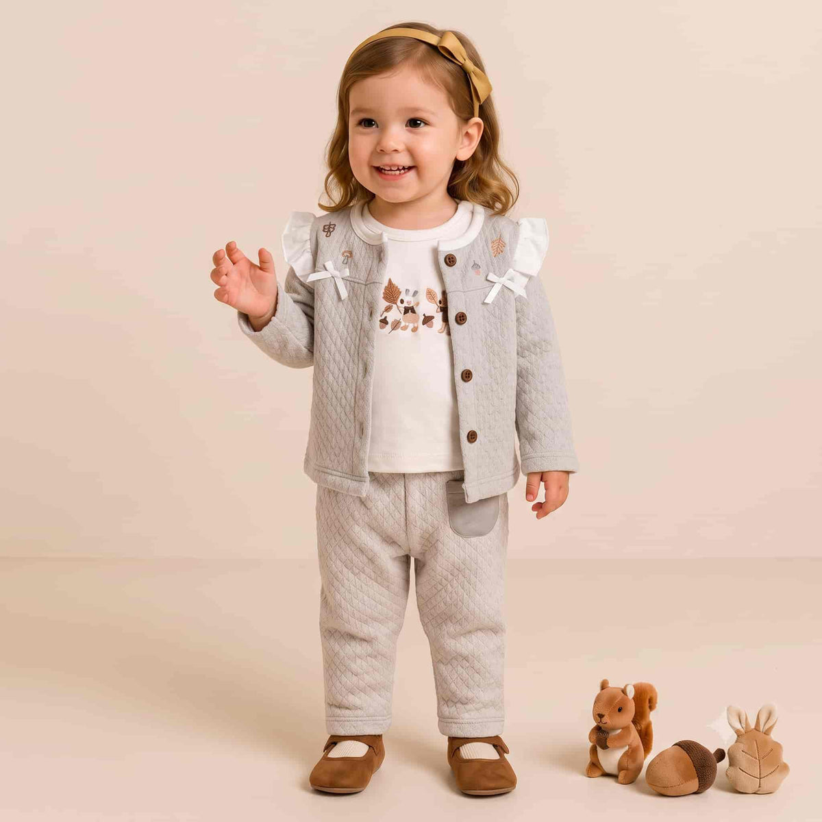 Woodland Whimsy Baby Girls Winter Full Sleeves Pajama Set – Grey & Cream