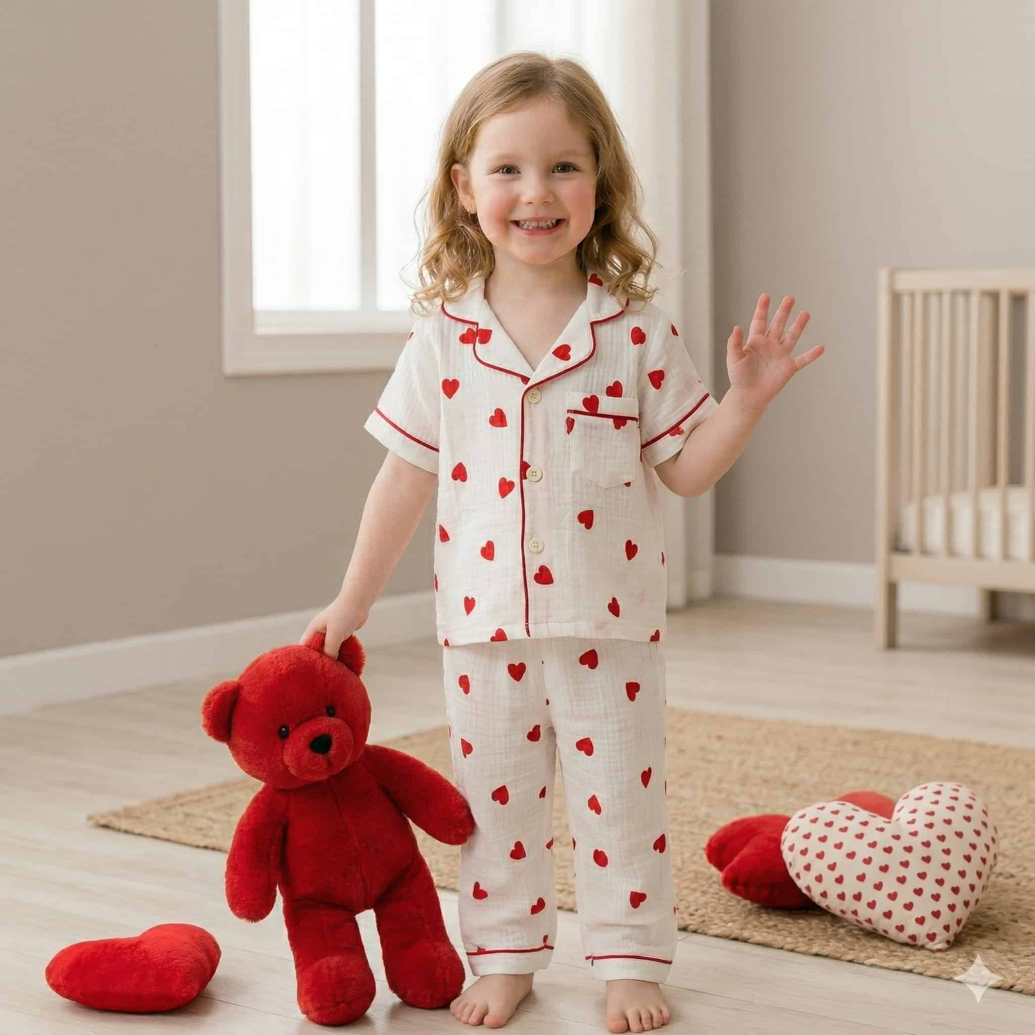 Red Heart Girls Half Sleeves Pajama Set- White
