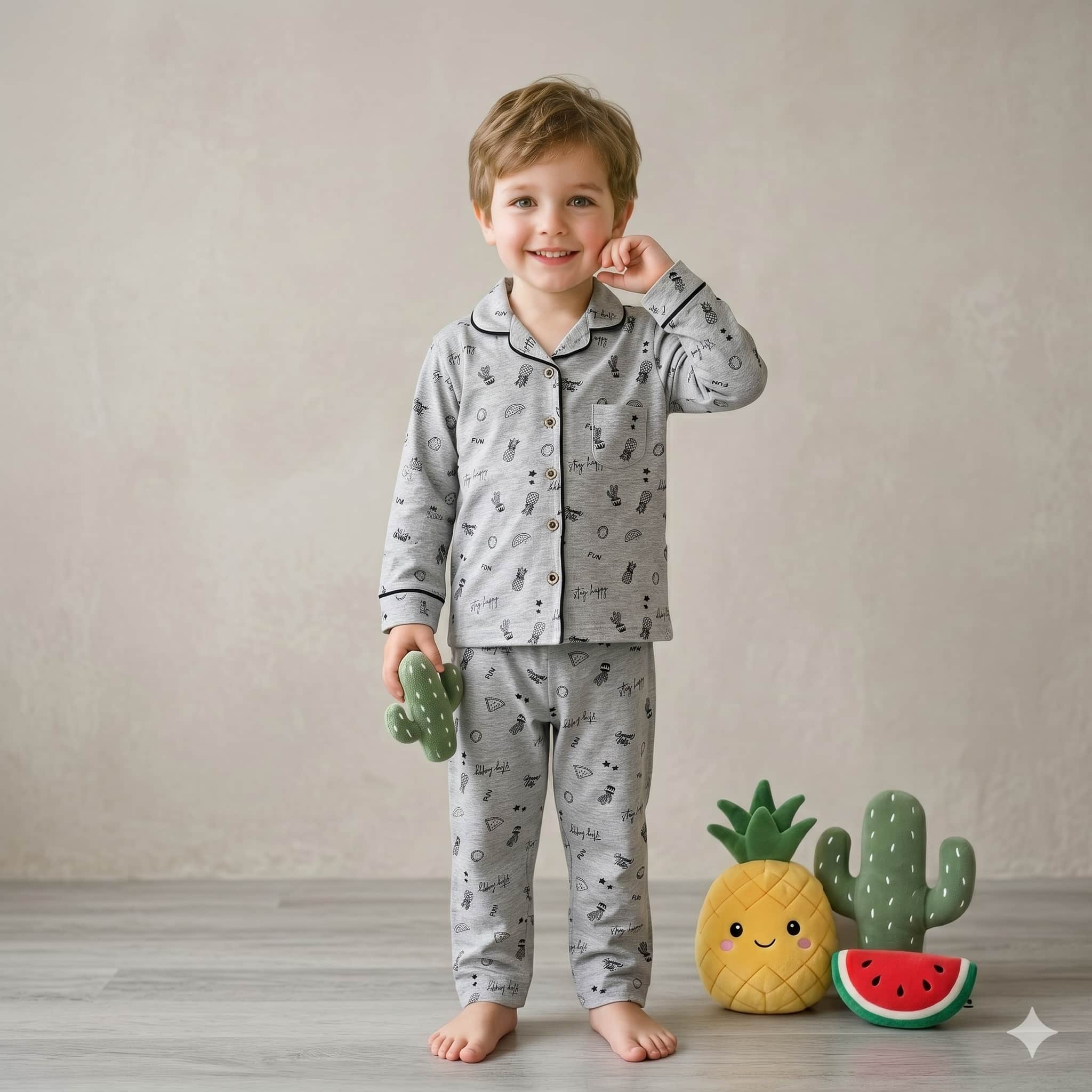 Happy Vibes Full sleeves Boys Button Pajama Set