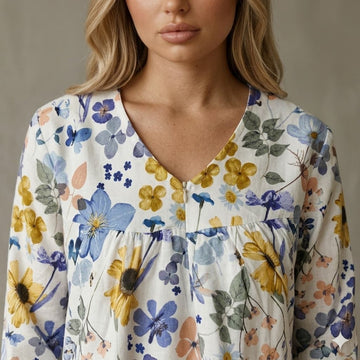 Meadow Charm Women Full Sleeves Pajama Set – White