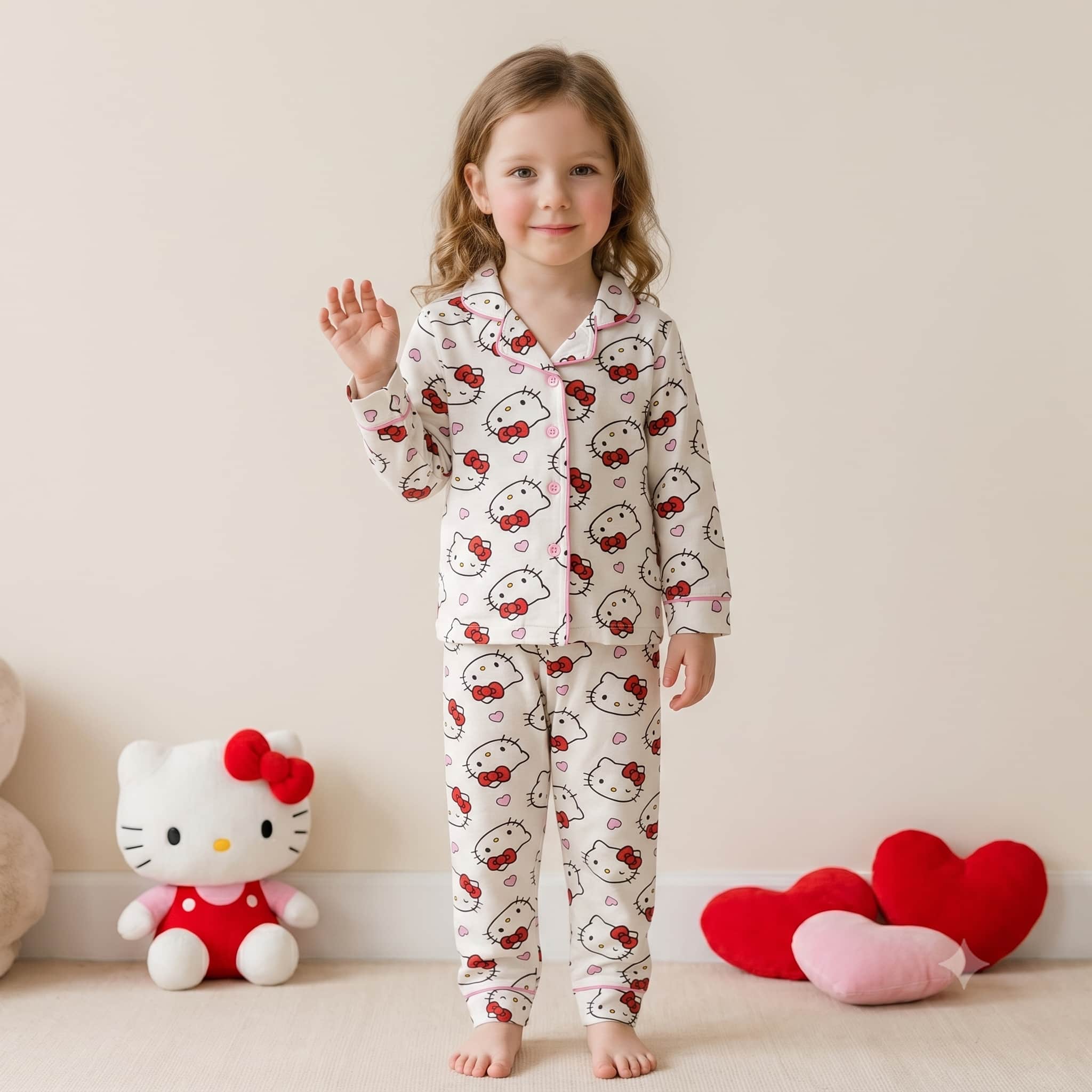 Hello Kitty Girls Full Sleeves Pajama Set – White