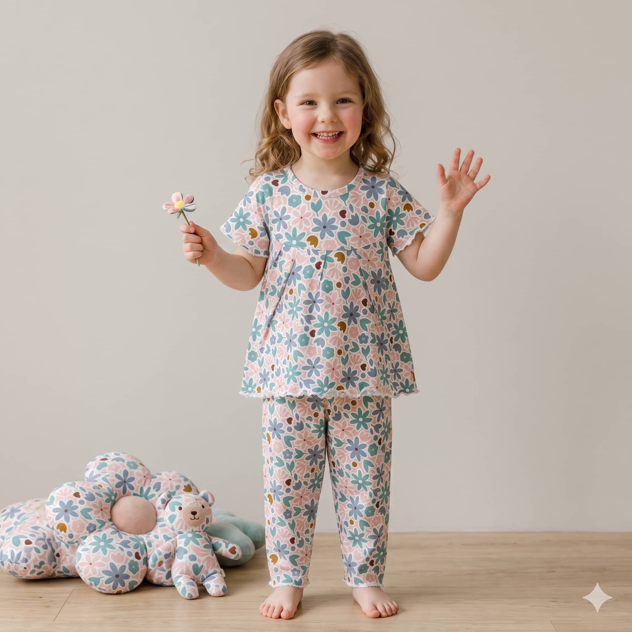 Pastel Garden Girls Half Sleeves Pajama Set - Pink