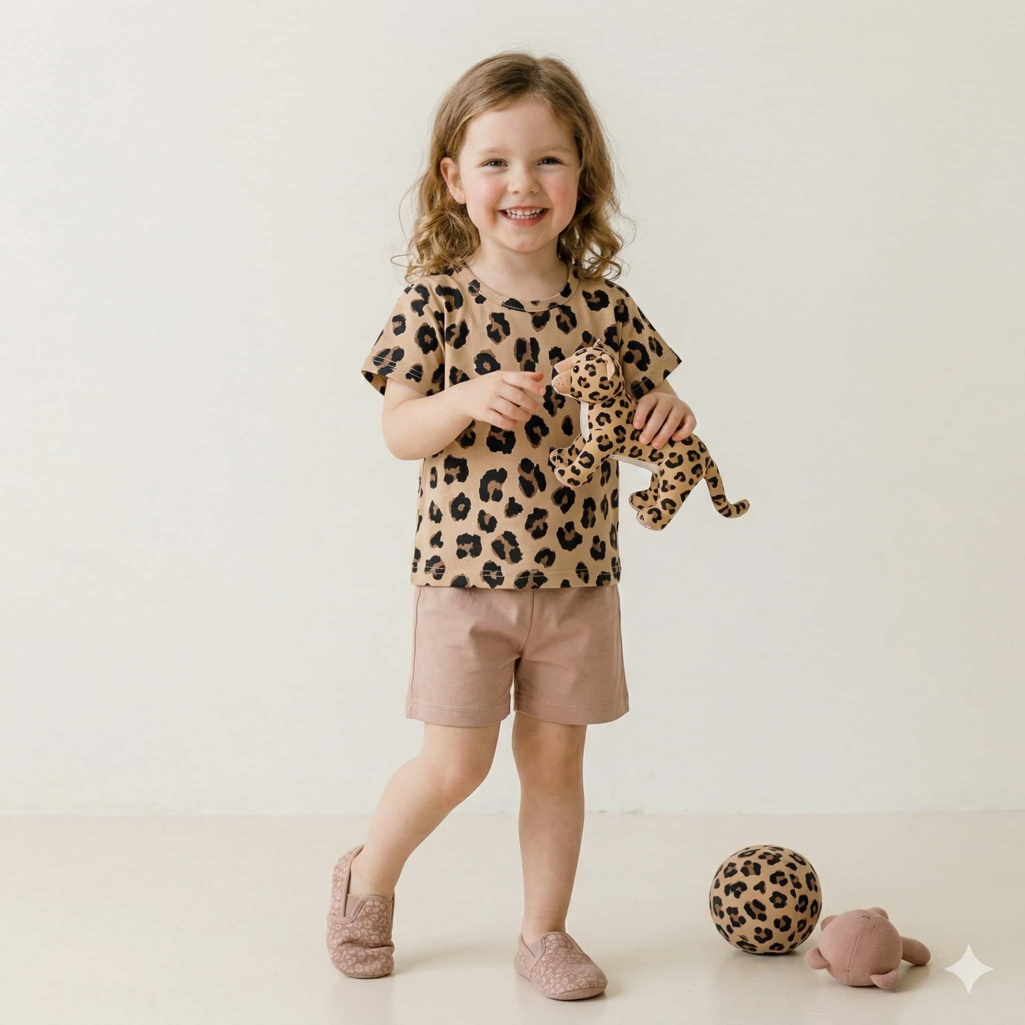 Leopard Girls Short Set - Brown
