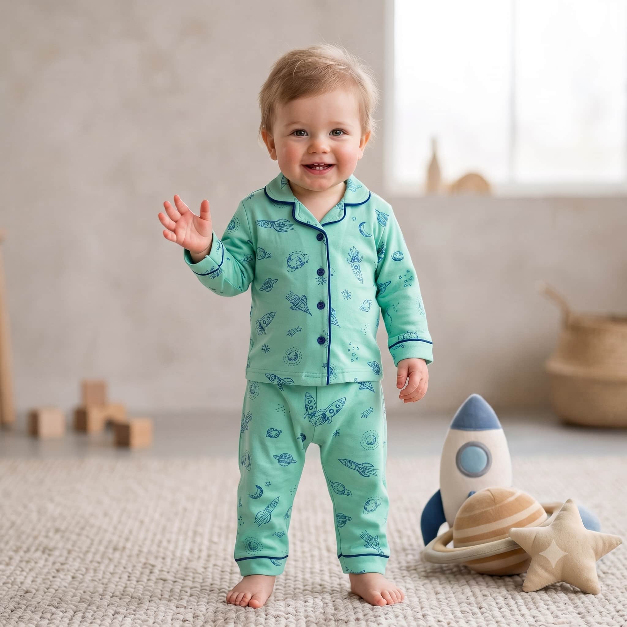 Galactic Explorer Baby Boys Full Sleeves Pajama Set - Mint Green