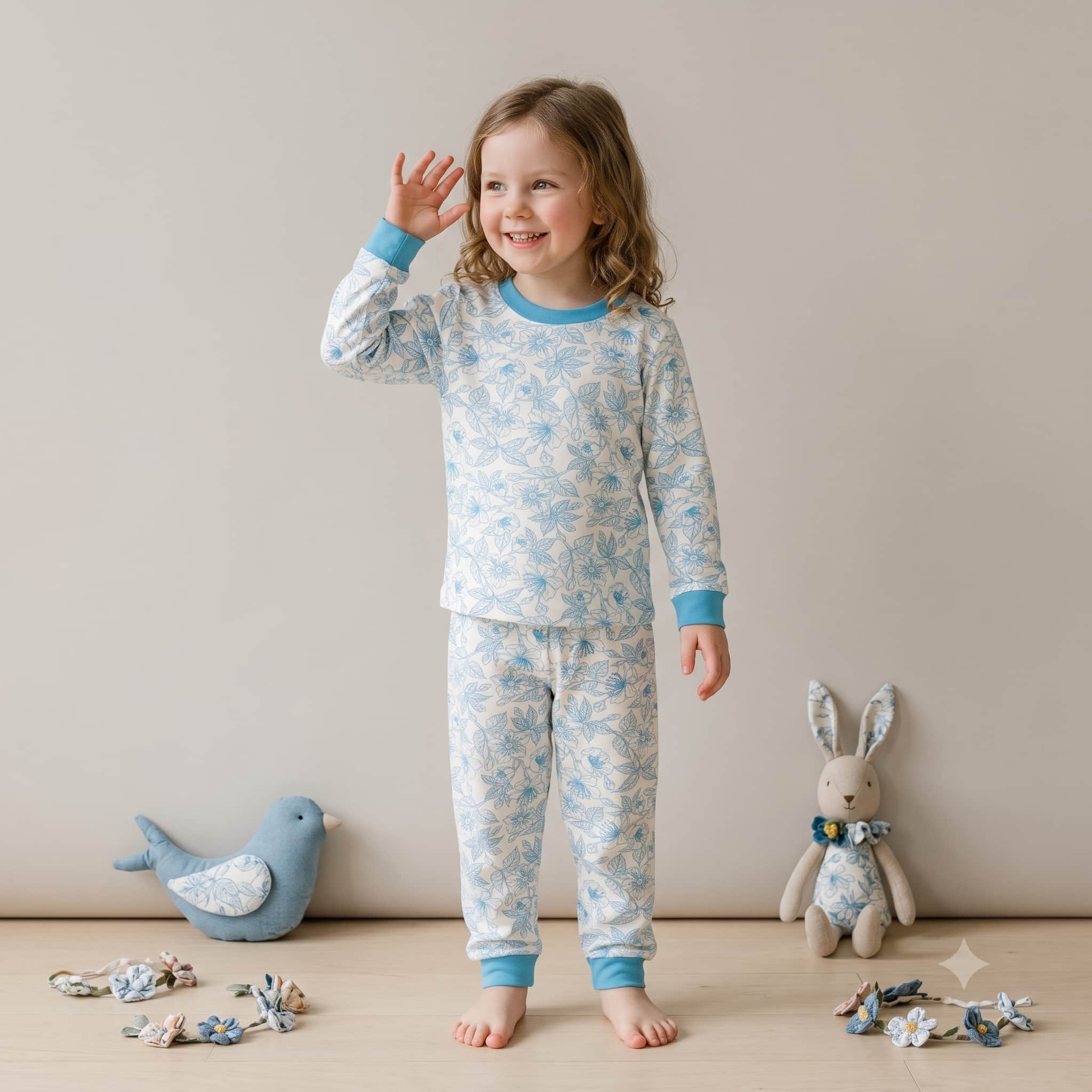 Azure Bloom Girls Full Sleeves Pajama Set - Sky Blue