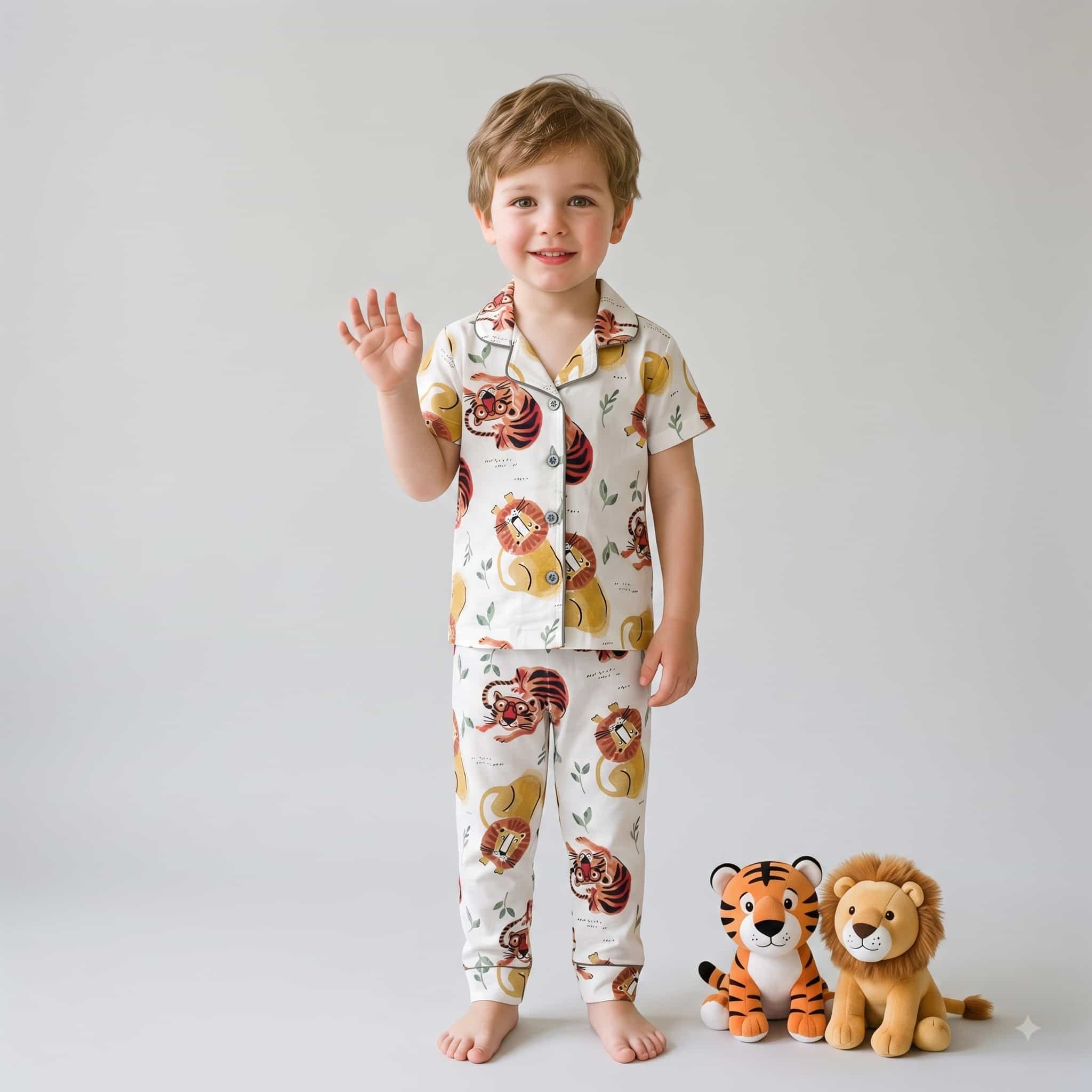 Wild Cubs Boys Half Sleeves Pajama Set - White