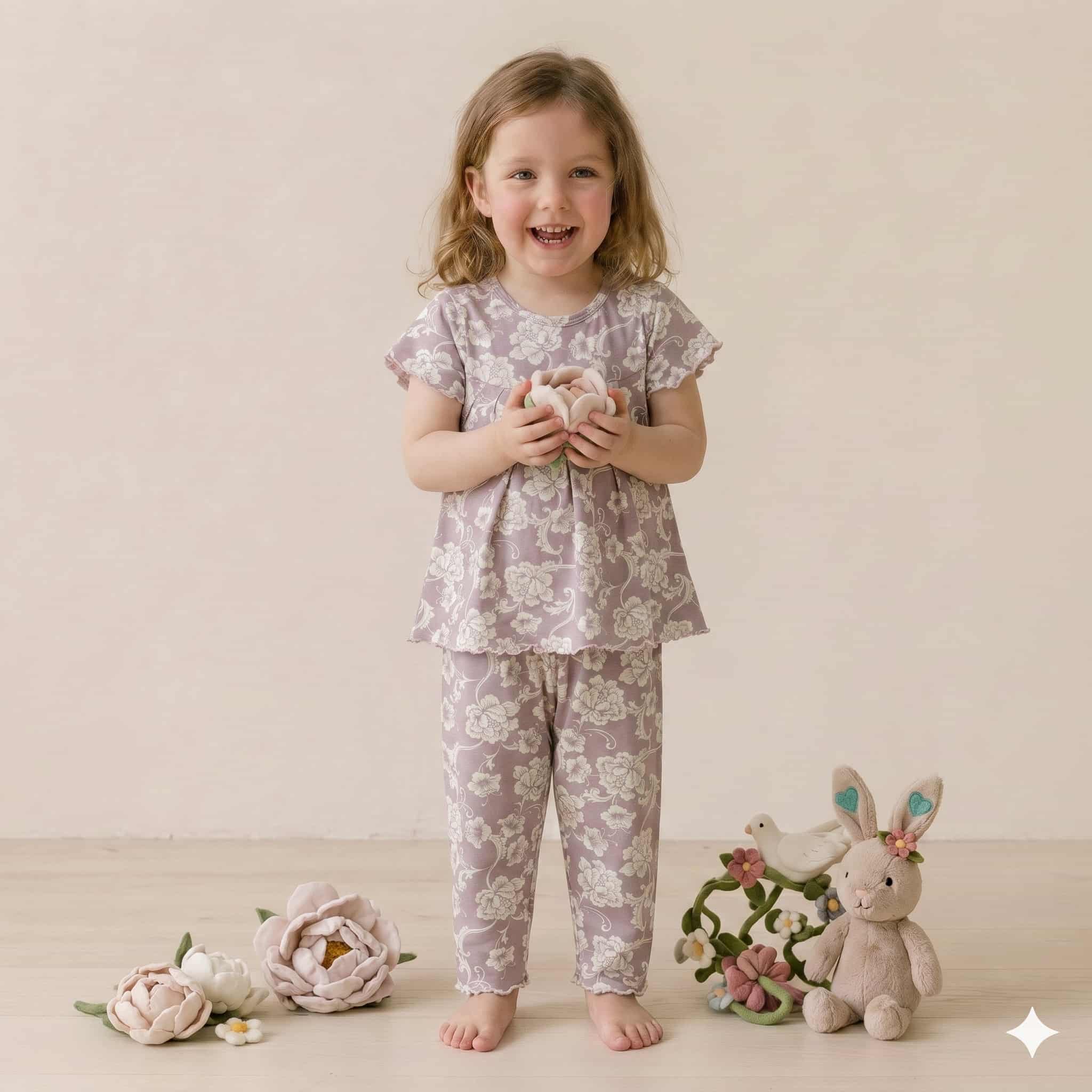 Floral Girls Half Sleeves Pajama Set – Purple