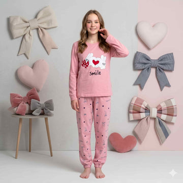 Heart Hug Girls Full Sleeves Pajama Set - Pink
