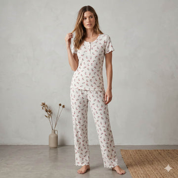 Blossom Whisper Women Half Sleeves Pajama Set - White