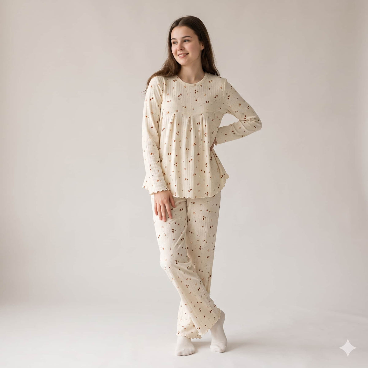 Autumn Whisper Girls Full Sleeves Pajama Set - Cream
