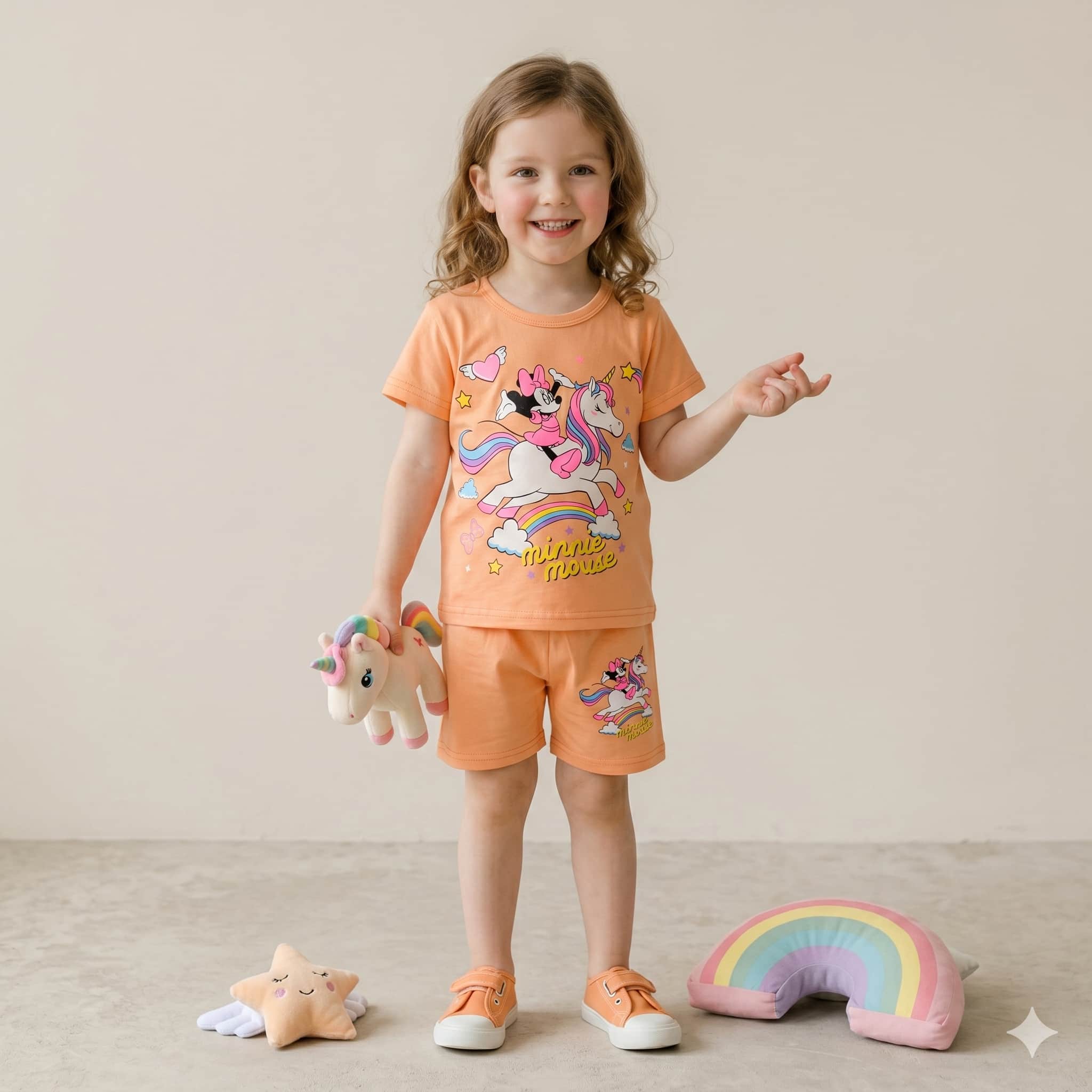 Unicorn Girls Half Sleeves Short Set - Peach