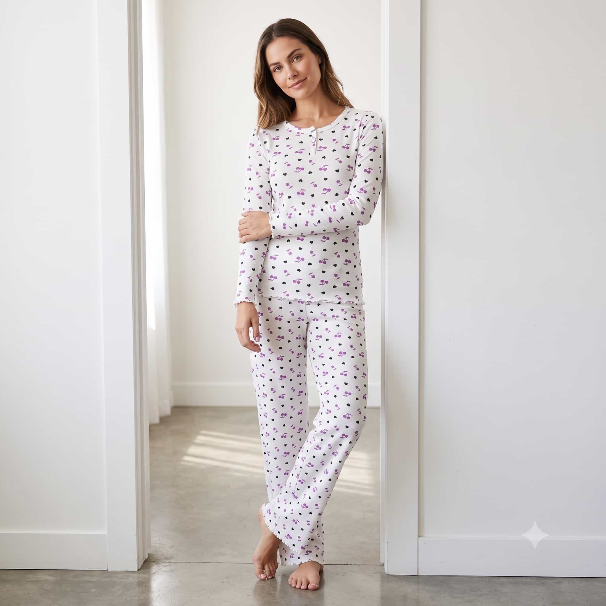 Cherry Charm Women Full Sleeves Pajama Set - White